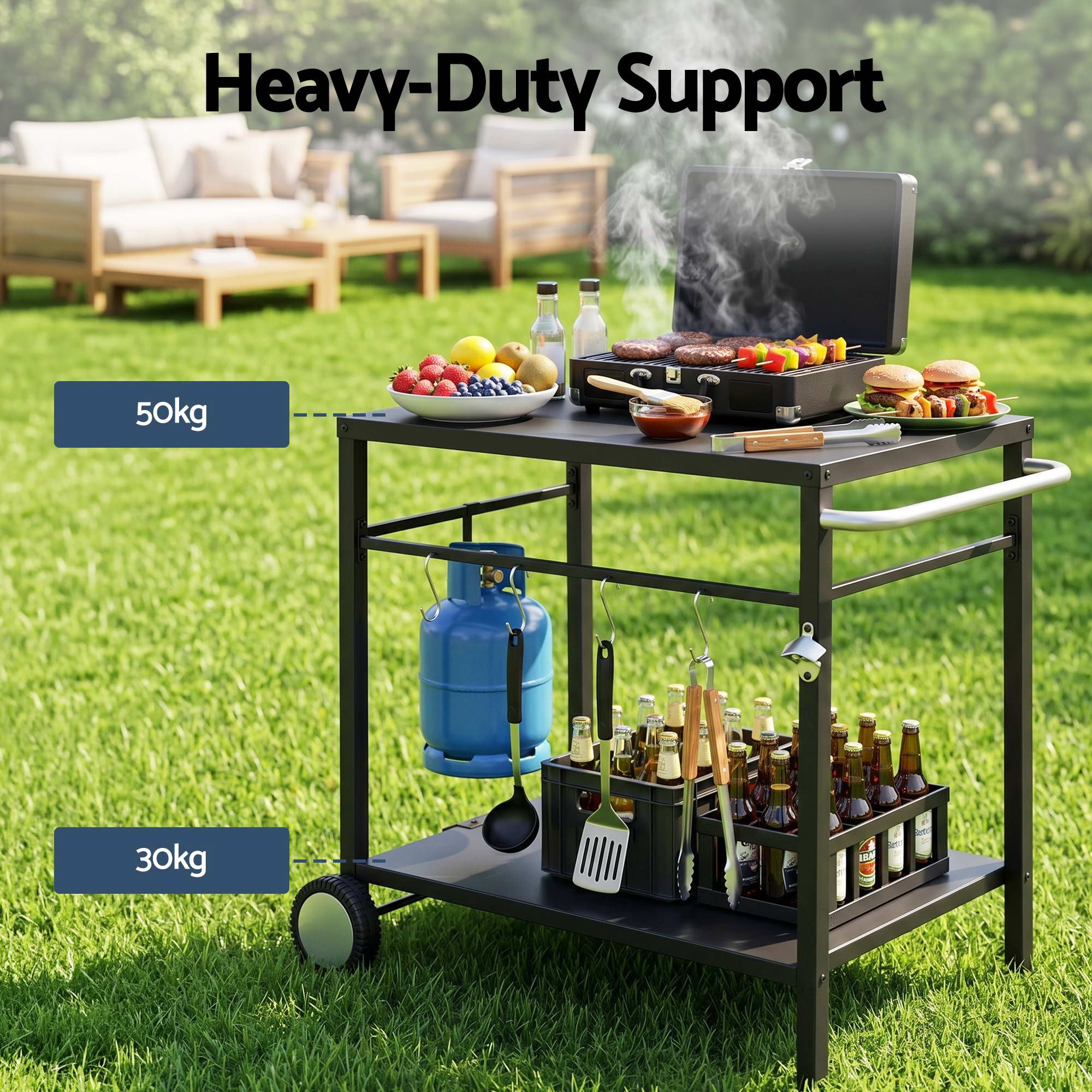 BBQ Camp Party Table, Garden Backyard Outdoor Cart Stainless Steel Prep Table Mobile Kitchen Trolley Heavy Duty with Wheels Tank Holder Hooks, Black - Outdoor Recreation > Camping > Camping Appliances - Rivercity House & Home Co. (ABN 18 642 972 209) - Affordable Modern Furniture Australia