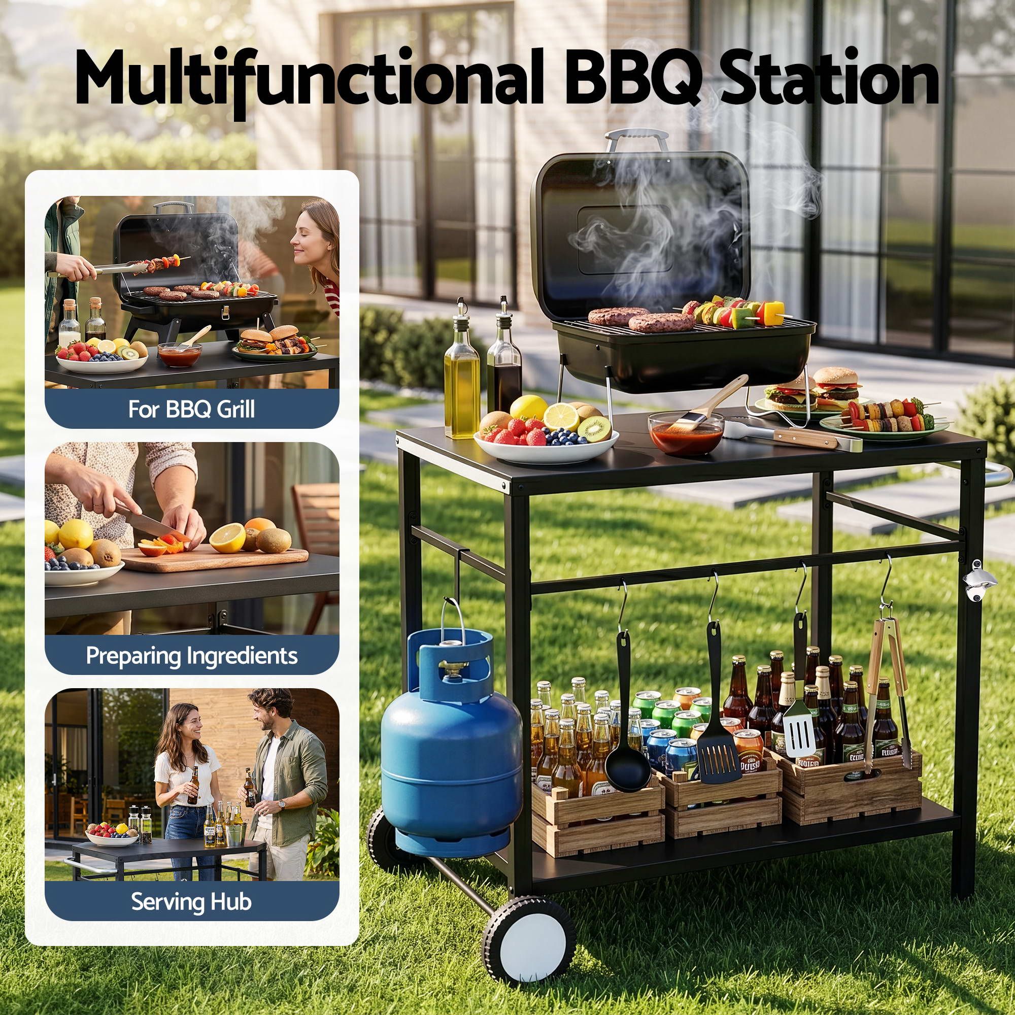 BBQ Camp Party Table, Garden Backyard Outdoor Cart Stainless Steel Prep Table Mobile Kitchen Trolley Heavy Duty with Wheels Tank Holder Hooks, Black - Outdoor Recreation > Camping > Camping Appliances - Rivercity House & Home Co. (ABN 18 642 972 209) - Affordable Modern Furniture Australia