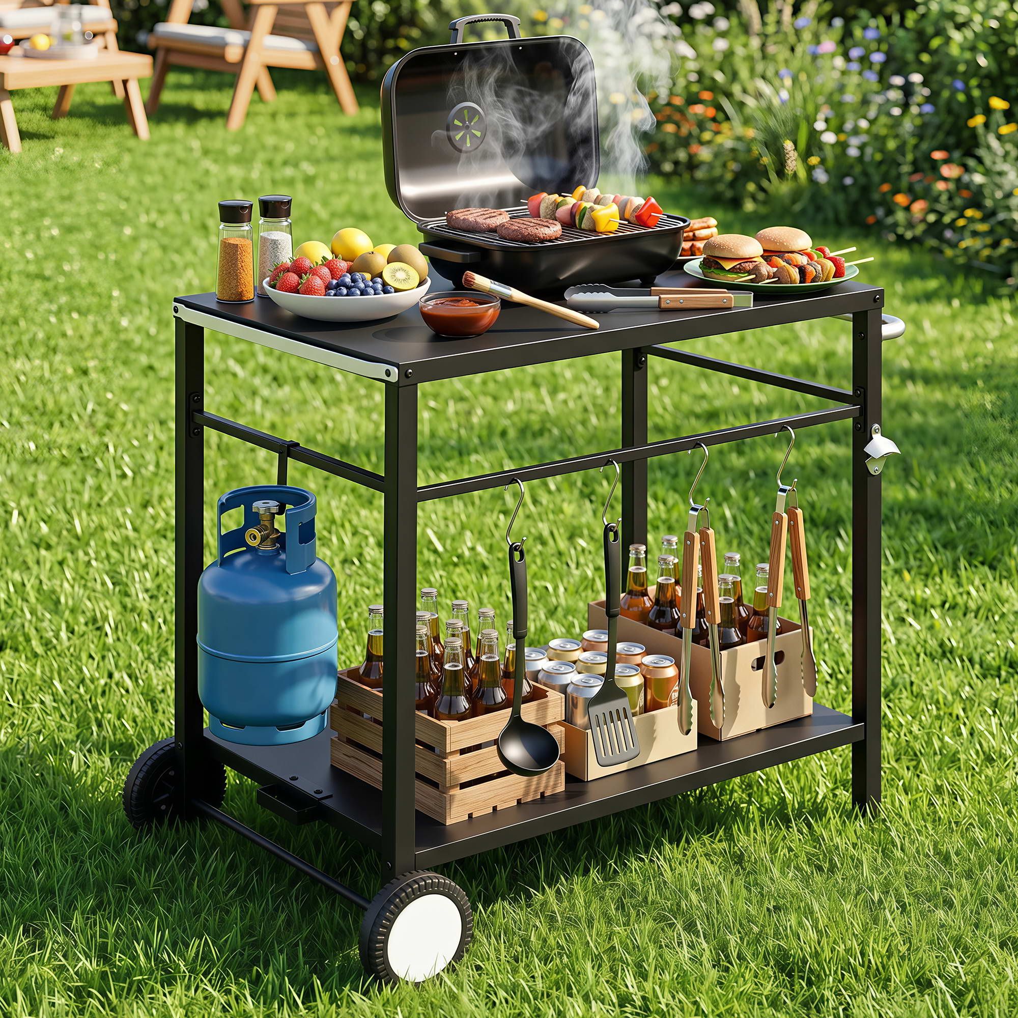 BBQ Camp Party Table, Garden Backyard Outdoor Cart Stainless Steel Prep Table Mobile Kitchen Trolley Heavy Duty with Wheels Tank Holder Hooks, Black - Outdoor Recreation > Camping > Camping Appliances - Rivercity House & Home Co. (ABN 18 642 972 209) - Affordable Modern Furniture Australia
