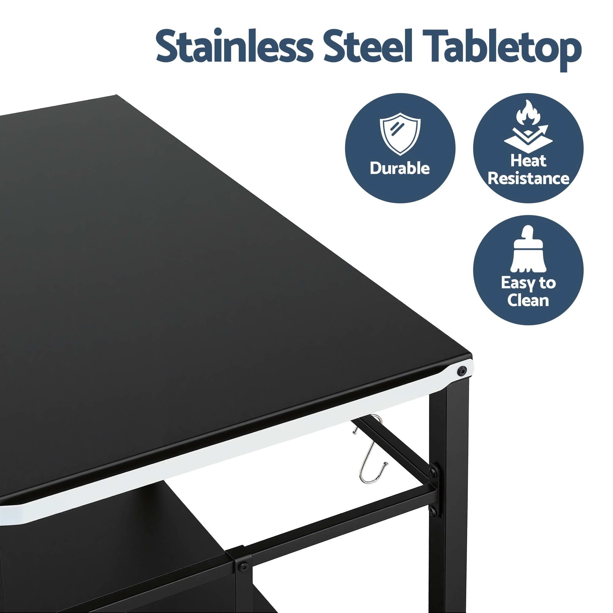 BBQ Camp Party Table, Garden Backyard Outdoor Cart Stainless Steel Prep Table Mobile Kitchen Trolley Heavy Duty with Wheels Tank Holder Hooks, Black - Outdoor Recreation > Camping > Camping Appliances - Rivercity House & Home Co. (ABN 18 642 972 209) - Affordable Modern Furniture Australia
