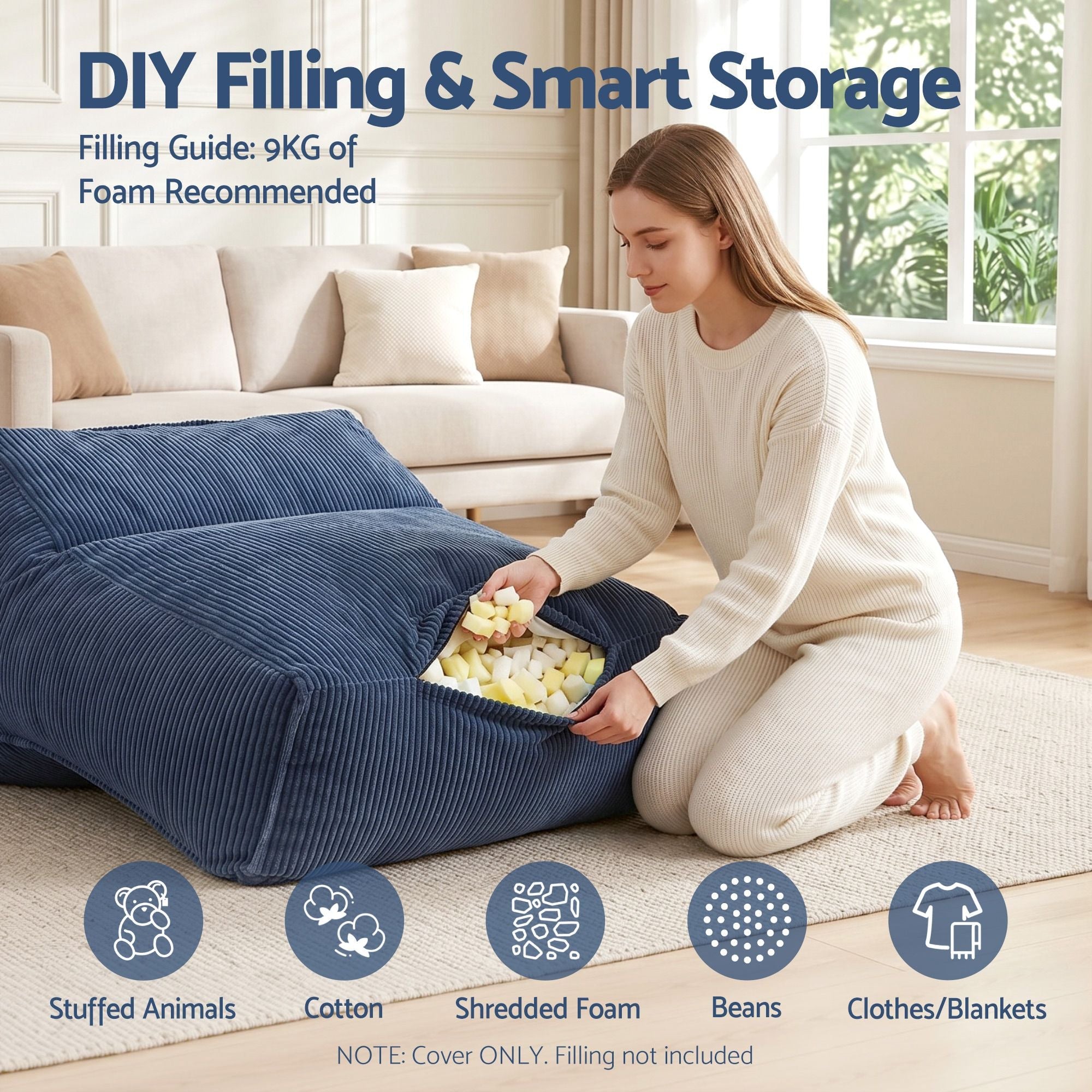 Bean Bag Chair Cover (No Filler) Soft Corduroy Stuffed Animal Storage Bean Bag Cover for Adults, Washable Lazy Sofa Cover for Living Room Bedroom, Blue - Furniture > Sofas > Sofa Accessories - Rivercity House & Home Co. (ABN 18 642 972 209) - Affordable Modern Furniture Australia