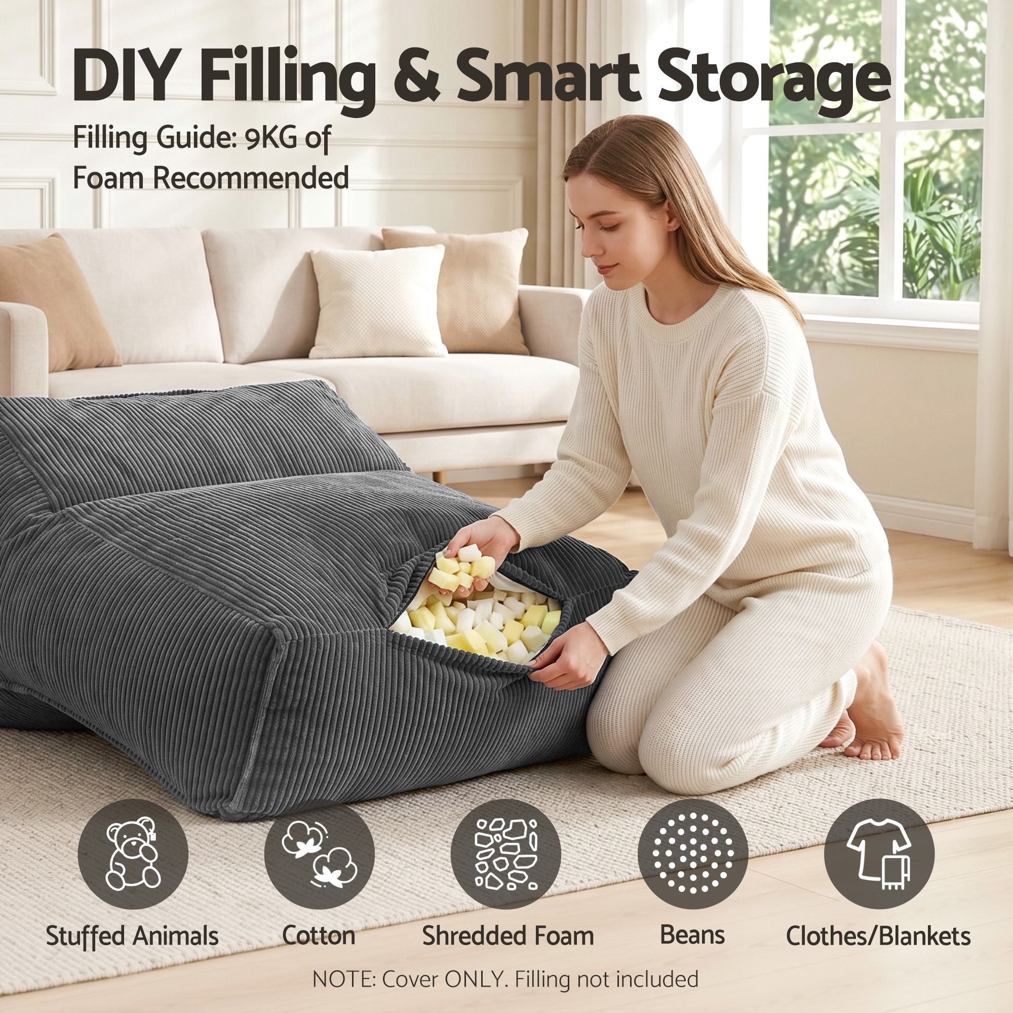 Bean Bag Chair Cover (No Filler) Soft Corduroy Stuffed Animal Storage Bean Bag Cover for Adults, Washable Lazy Sofa Cover for Living Room Bedroom, Grey - Furniture > Sofas > Sofa Accessories - Rivercity House & Home Co. (ABN 18 642 972 209) - Affordable Modern Furniture Australia