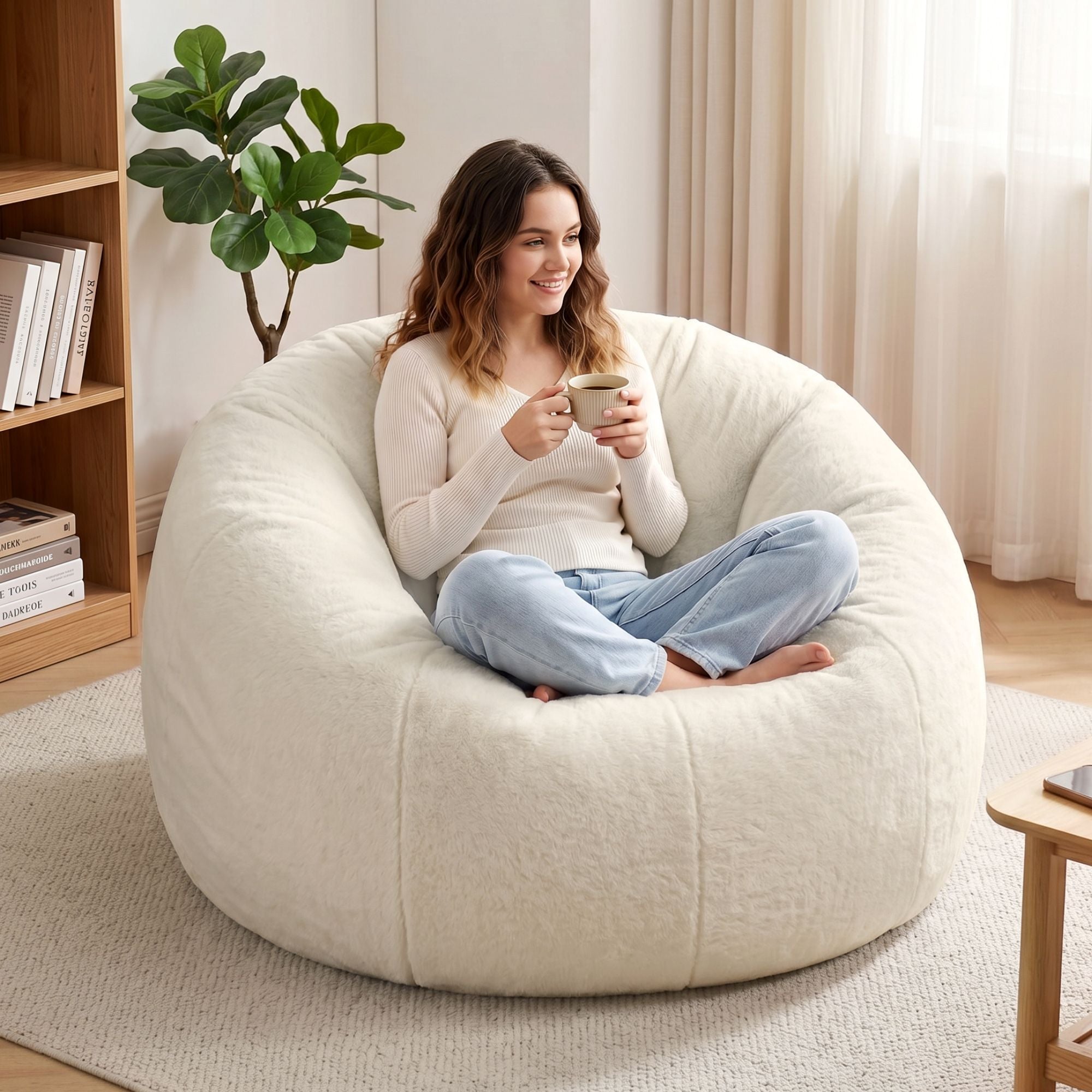Bean Bag Chair Cover (No Filler) Soft Faux Fur Beanbag Cover Large Round Stuffed Animal Storage Bean Bag Cover Washable Lazy Sofa Cover for Adults Kids Teens, Beige - Furniture > Sofas > Sofa Accessories - Rivercity House & Home Co. (ABN 18 642 972 209) - Affordable Modern Furniture Australia