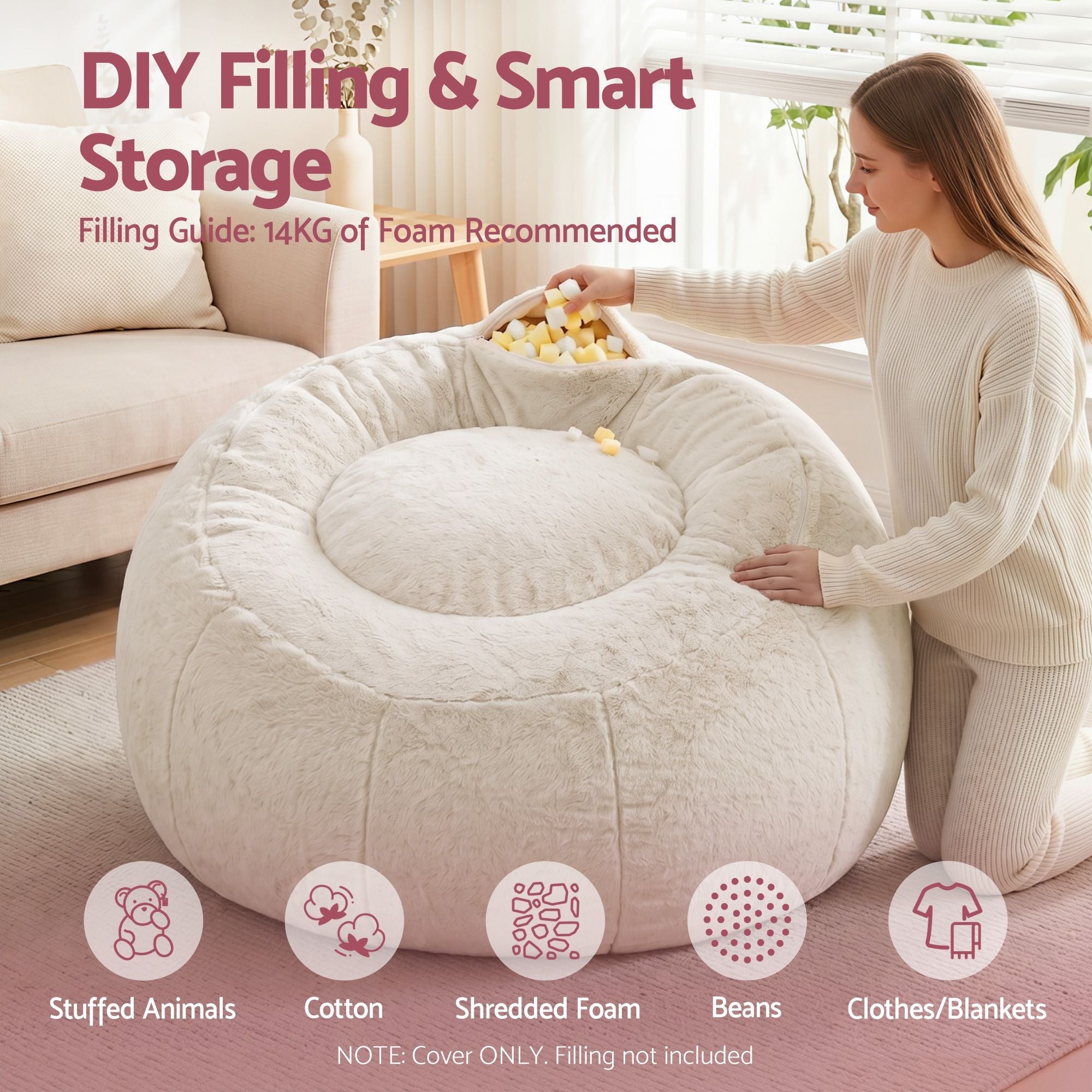 Bean Bag Chair Cover (No Filler) Soft Faux Fur Beanbag Cover Large Round Stuffed Animal Storage Bean Bag Cover Washable Lazy Sofa Cover for Adults Kids Teens, Beige - Furniture > Sofas > Sofa Accessories - Rivercity House & Home Co. (ABN 18 642 972 209) - Affordable Modern Furniture Australia