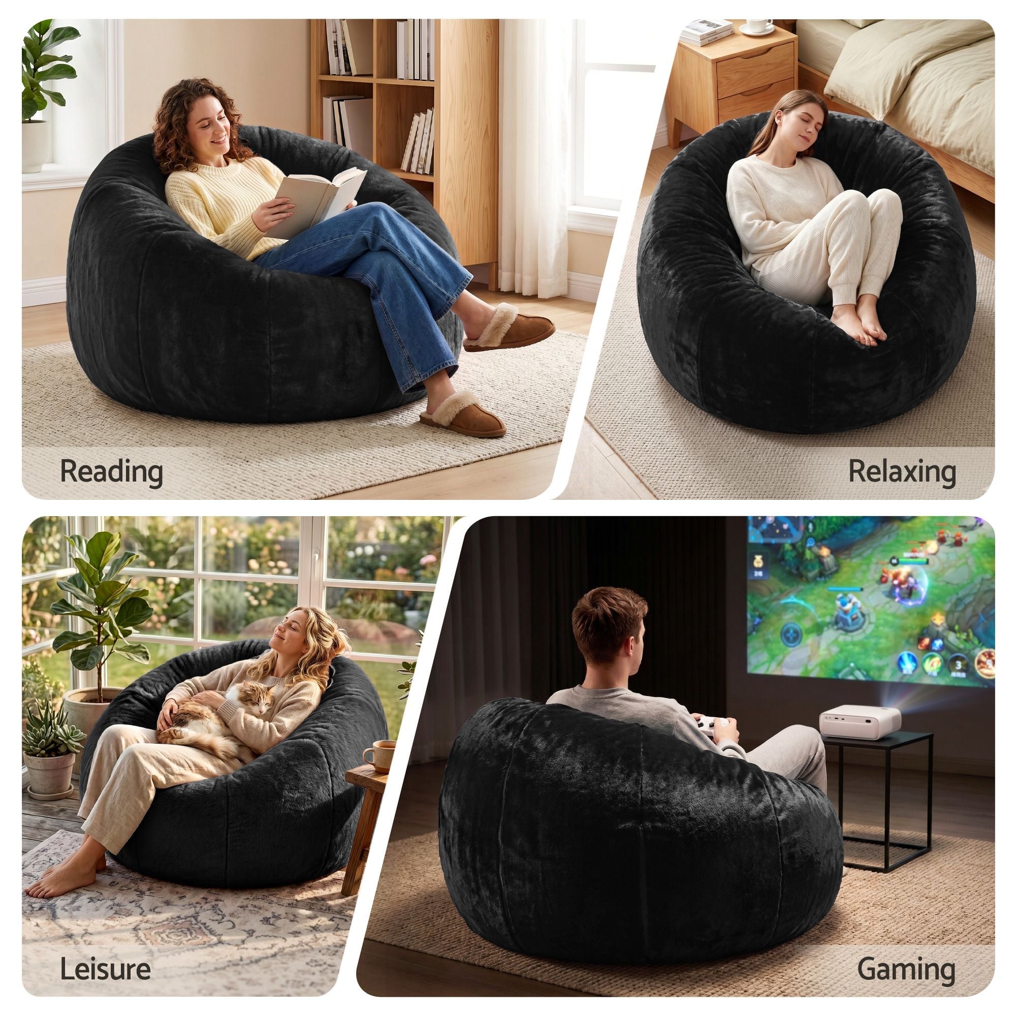 Bean Bag Chair Cover (No Filler) Soft Faux Fur Beanbag Cover Large Round Stuffed Animal Storage Bean Bag Cover Washable Lazy Sofa Cover for Adults Kids Teens, Black - Furniture > Sofas > Sofa Accessories - Rivercity House & Home Co. (ABN 18 642 972 209) - Affordable Modern Furniture Australia