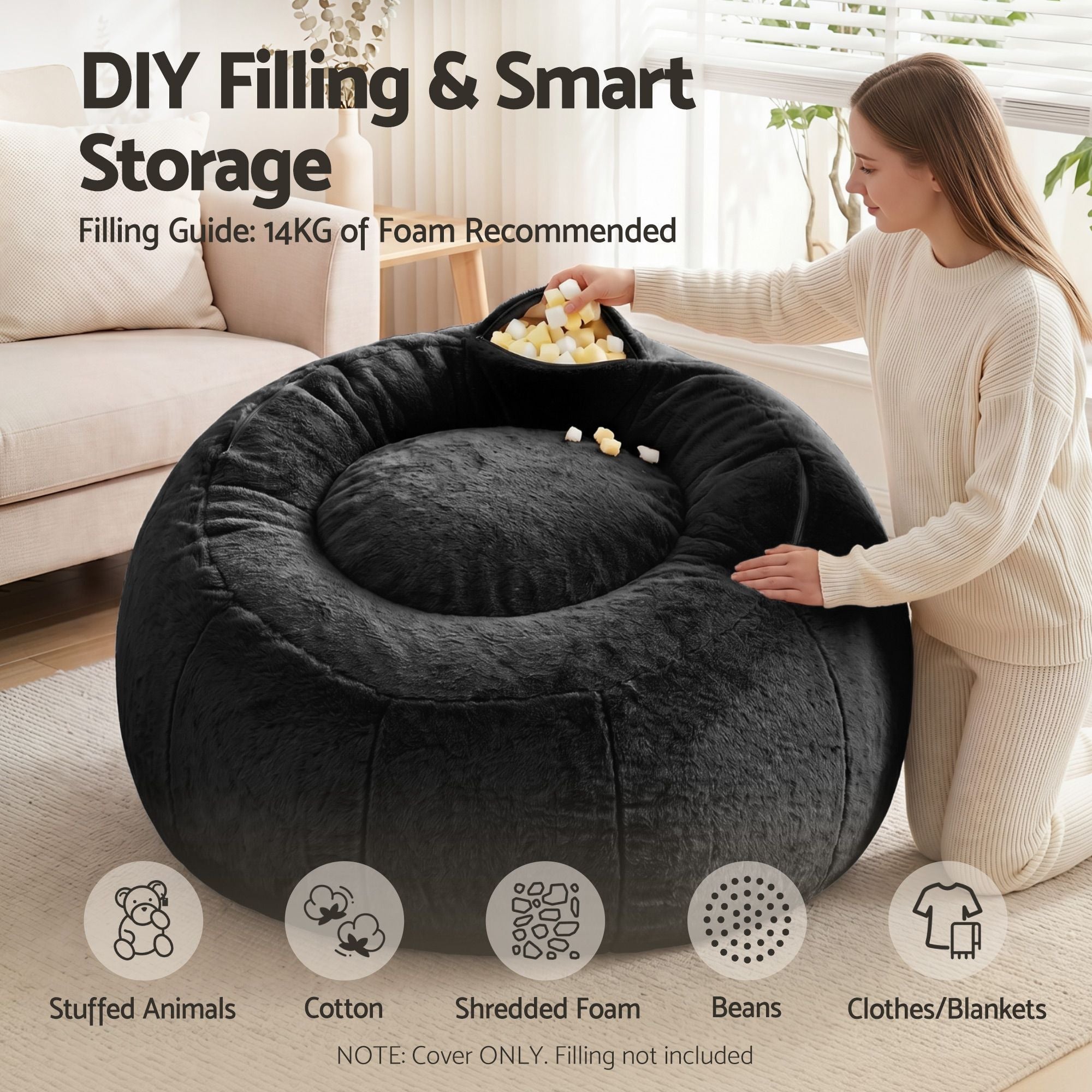 Bean Bag Chair Cover (No Filler) Soft Faux Fur Beanbag Cover Large Round Stuffed Animal Storage Bean Bag Cover Washable Lazy Sofa Cover for Adults Kids Teens, Black - Furniture > Sofas > Sofa Accessories - Rivercity House & Home Co. (ABN 18 642 972 209) - Affordable Modern Furniture Australia