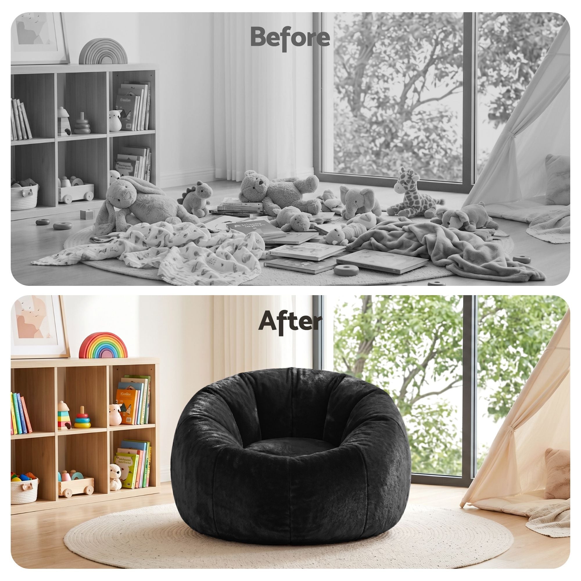 Bean Bag Chair Cover (No Filler) Soft Faux Fur Beanbag Cover Large Round Stuffed Animal Storage Bean Bag Cover Washable Lazy Sofa Cover for Adults Kids Teens, Black - Furniture > Sofas > Sofa Accessories - Rivercity House & Home Co. (ABN 18 642 972 209) - Affordable Modern Furniture Australia