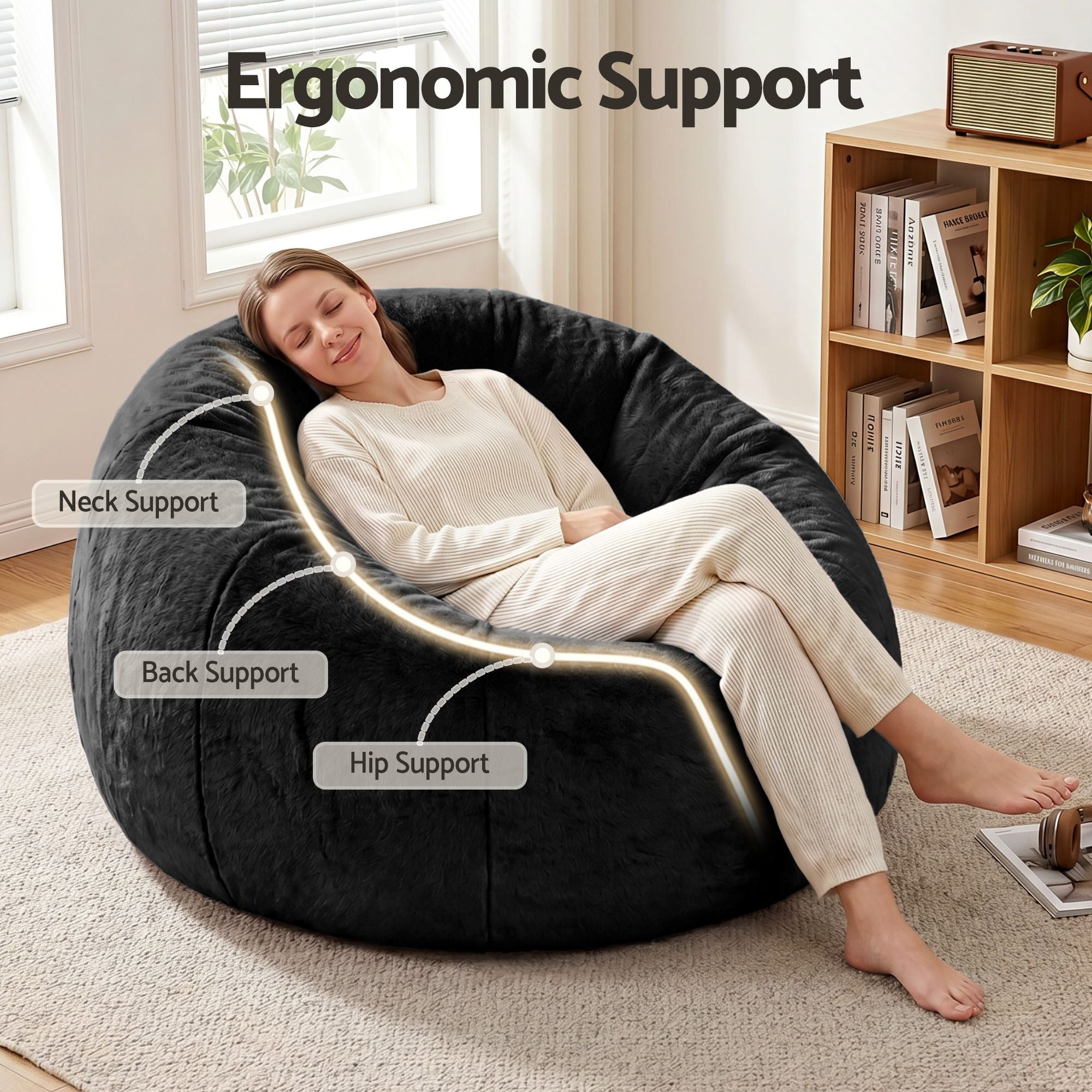 Bean Bag Chair Cover (No Filler) Soft Faux Fur Beanbag Cover Large Round Stuffed Animal Storage Bean Bag Cover Washable Lazy Sofa Cover for Adults Kids Teens, Black - Furniture > Sofas > Sofa Accessories - Rivercity House & Home Co. (ABN 18 642 972 209) - Affordable Modern Furniture Australia