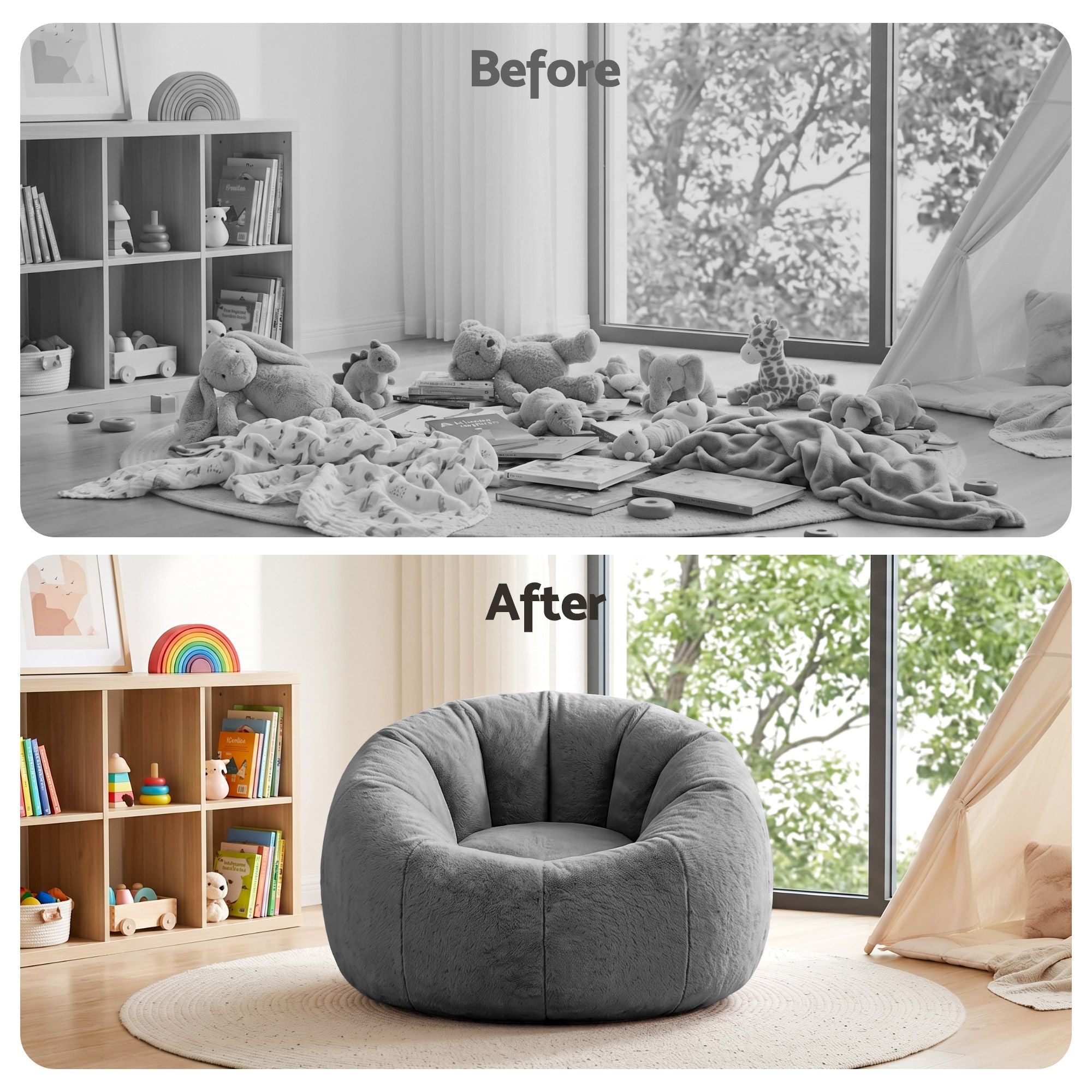 Bean Bag Chair Cover (No Filler) Soft Faux Fur Beanbag Cover Large Round Stuffed Animal Storage Bean Bag Cover Washable Lazy Sofa Cover for Adults Kids Teens, Grey - Furniture > Sofas > Sofa Accessories - Rivercity House & Home Co. (ABN 18 642 972 209) - Affordable Modern Furniture Australia
