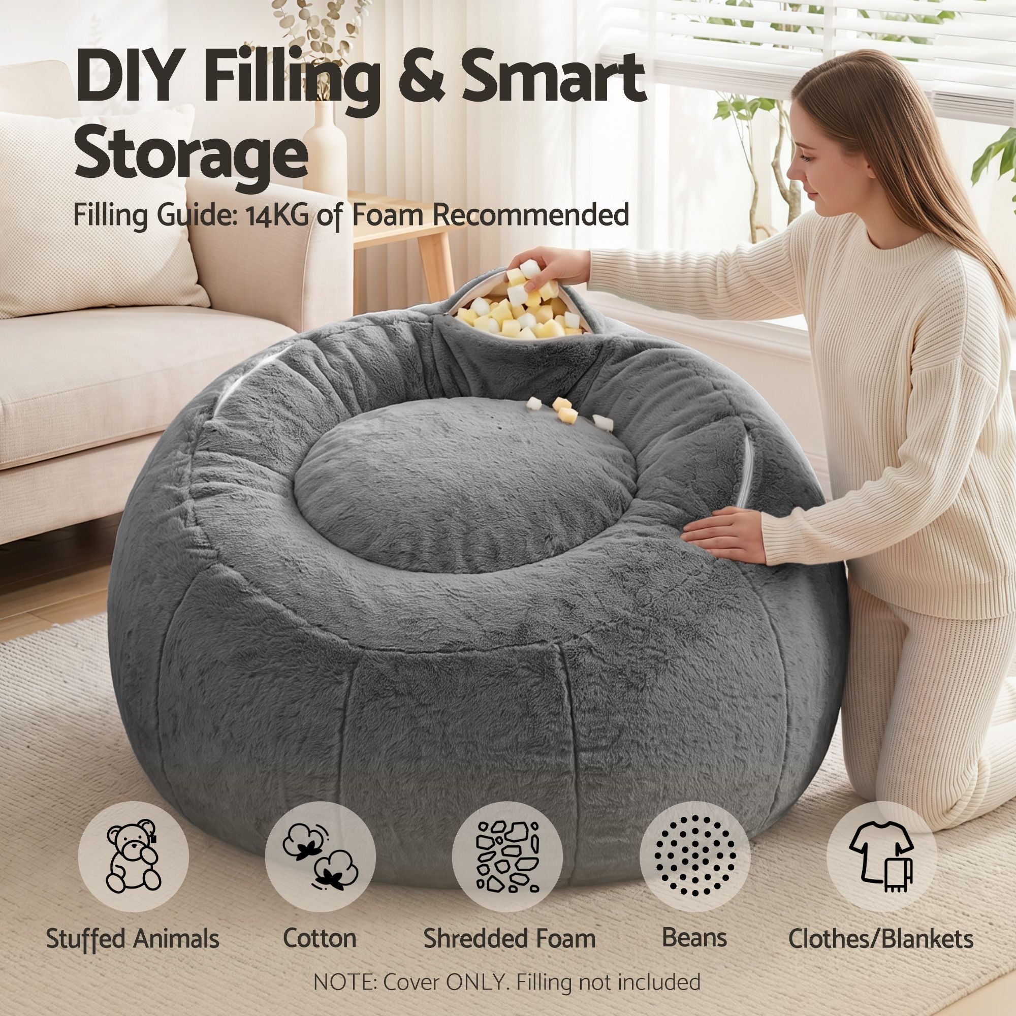 Bean Bag Chair Cover (No Filler) Soft Faux Fur Beanbag Cover Large Round Stuffed Animal Storage Bean Bag Cover Washable Lazy Sofa Cover for Adults Kids Teens, Grey - Furniture > Sofas > Sofa Accessories - Rivercity House & Home Co. (ABN 18 642 972 209) - Affordable Modern Furniture Australia