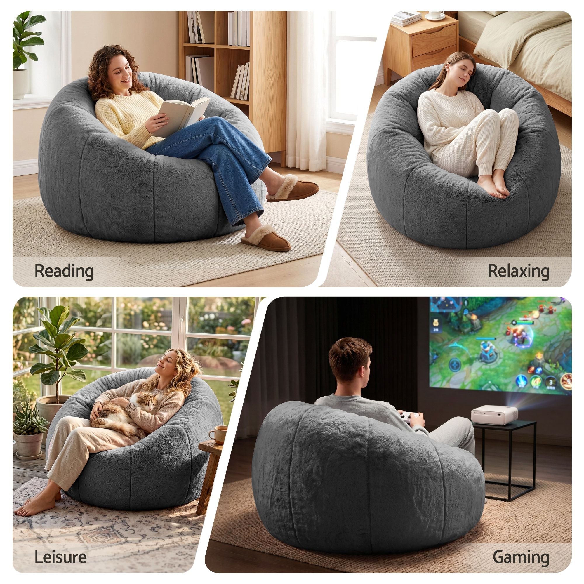 Bean Bag Chair Cover (No Filler) Soft Faux Fur Beanbag Cover Large Round Stuffed Animal Storage Bean Bag Cover Washable Lazy Sofa Cover for Adults Kids Teens, Grey - Furniture > Sofas > Sofa Accessories - Rivercity House & Home Co. (ABN 18 642 972 209) - Affordable Modern Furniture Australia