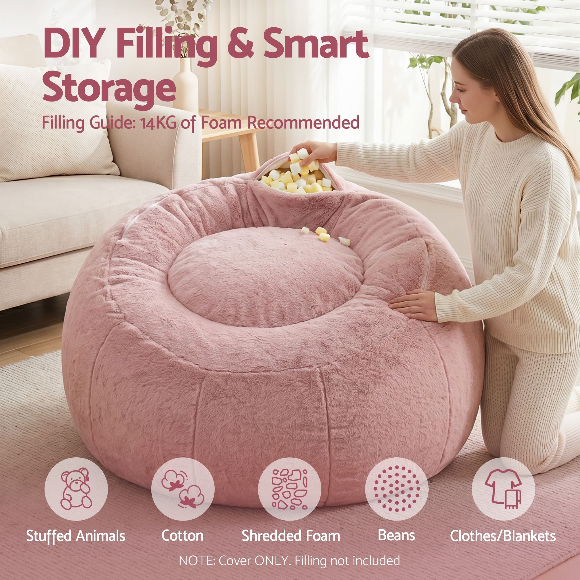 Bean Bag Chair Cover (No Filler) Soft Faux Fur Beanbag Cover Large Round Stuffed Animal Storage Bean Bag Cover Washable Lazy Sofa Cover for Adults Kids Teens, Pink - Furniture > Sofas > Sofa Accessories - Rivercity House & Home Co. (ABN 18 642 972 209) - Affordable Modern Furniture Australia