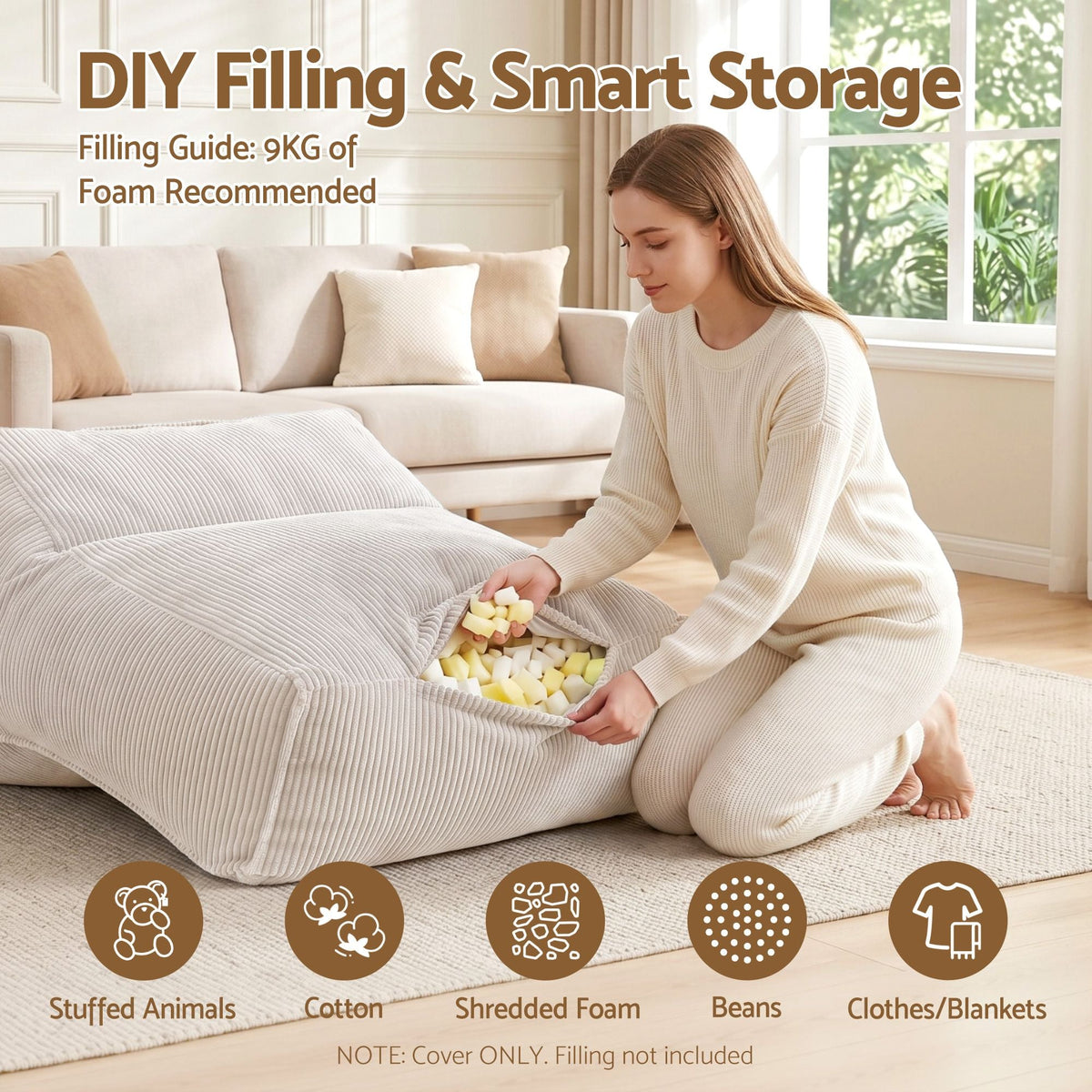 Bean Bag Chair Cover Soft Corduroy Storage with Hidden Zipper - Beige - Furniture > Sofas > Sofa Accessories - Rivercity House & Home Co. (ABN 18 642 972 209) - Affordable Modern Furniture Australia