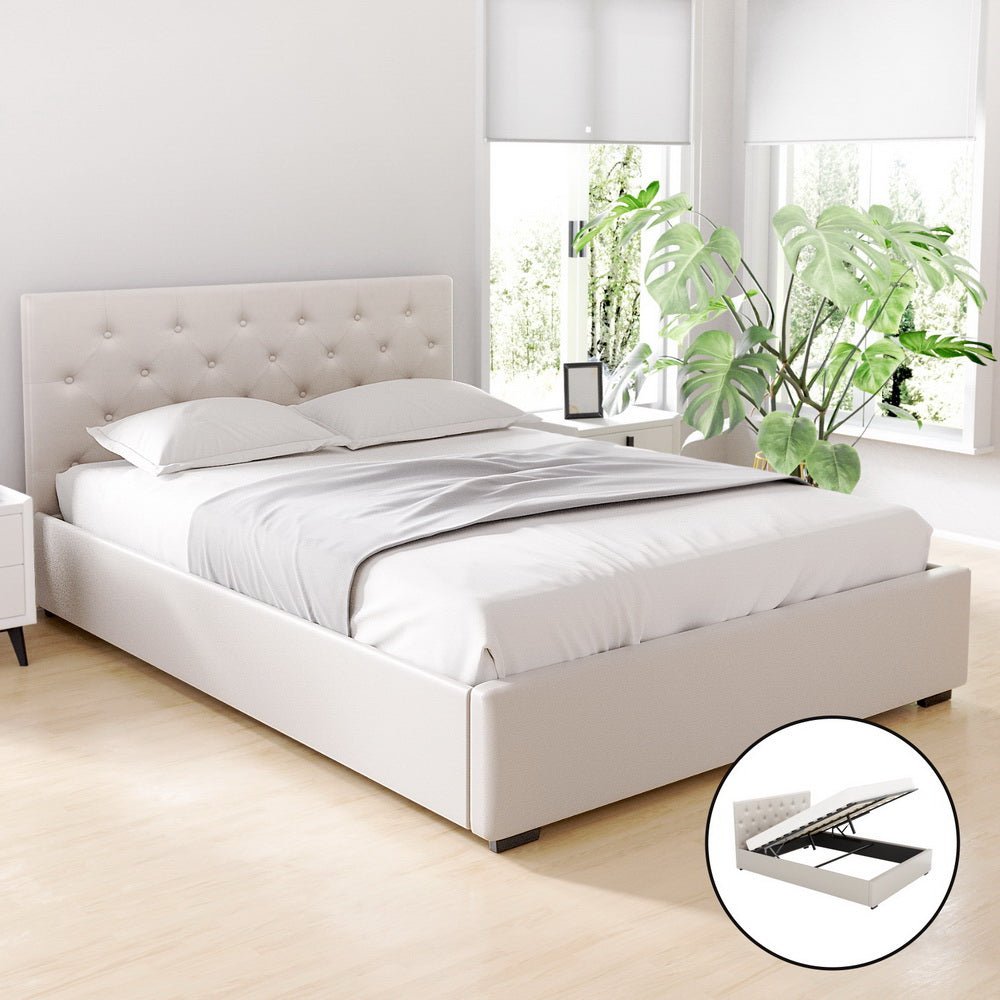 Bed Frame Double Size Gas Lift Beige VILA - Furniture > Bedroom > Beds & Bed Frames - Rivercity House & Home Co. (ABN 18 642 972 209) - Affordable Modern Furniture Australia
