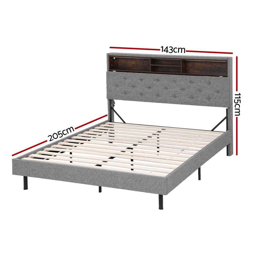 Bed Frame Double Size LED Mattress Base Platform with Storage Shelf Hidden Storage Box Grey - Furniture > Bedroom > Beds & Bed Frames - Rivercity House & Home Co. (ABN 18 642 972 209) - Affordable Modern Furniture Australia