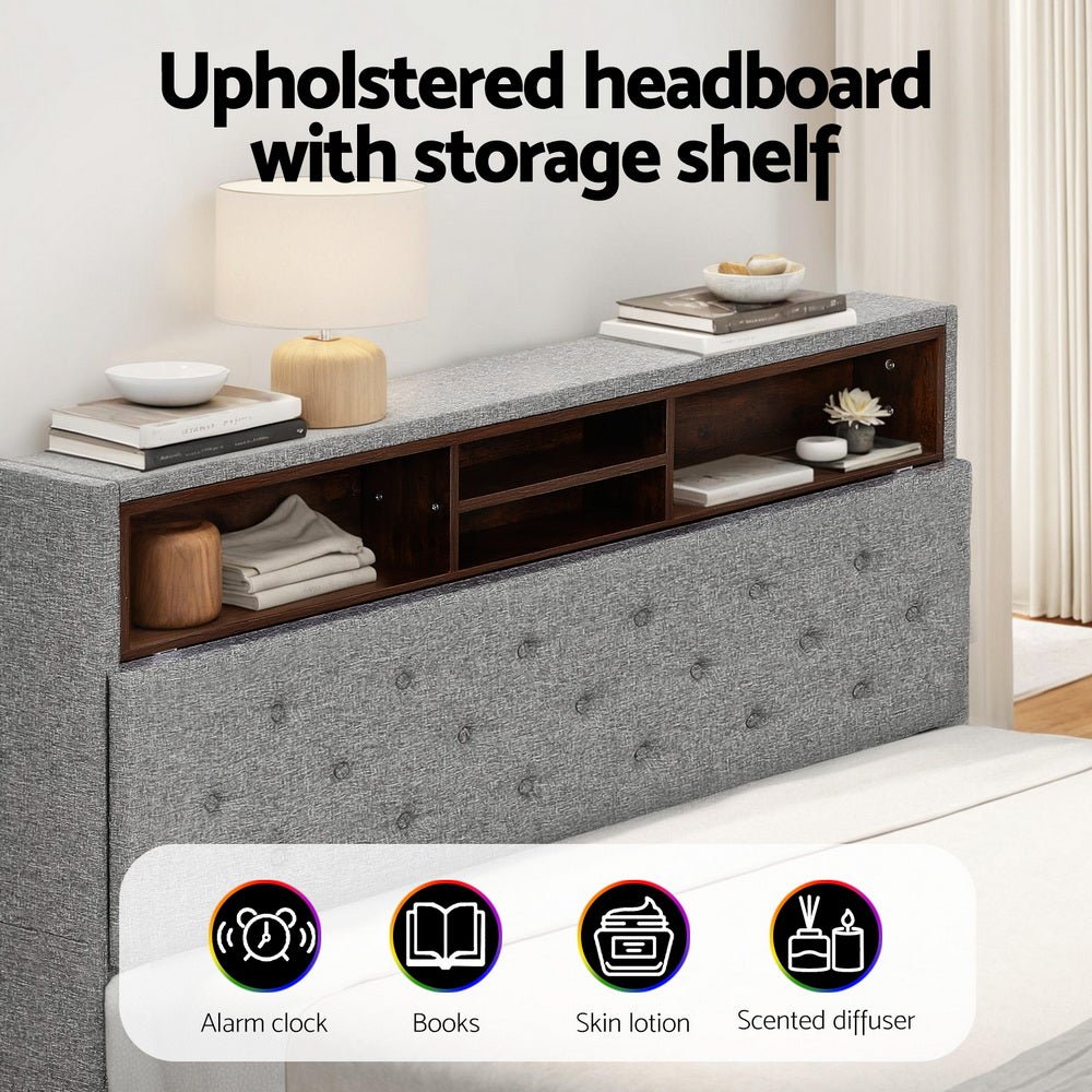 Bed Frame Double Size LED Mattress Base Platform with Storage Shelf Hidden Storage Box Grey - Furniture > Bedroom > Beds & Bed Frames - Rivercity House & Home Co. (ABN 18 642 972 209) - Affordable Modern Furniture Australia