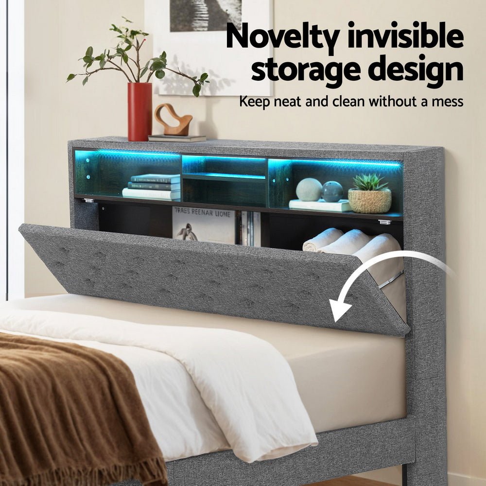 Bed Frame Double Size LED Mattress Base Platform with Storage Shelf Hidden Storage Box Grey - Furniture > Bedroom > Beds & Bed Frames - Rivercity House & Home Co. (ABN 18 642 972 209) - Affordable Modern Furniture Australia