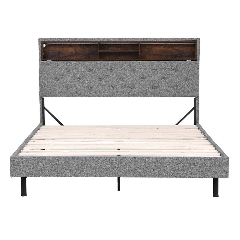 Bed Frame Double Size LED Mattress Base Platform with Storage Shelf Hidden Storage Box Grey - Furniture > Bedroom > Beds & Bed Frames - Rivercity House & Home Co. (ABN 18 642 972 209) - Affordable Modern Furniture Australia