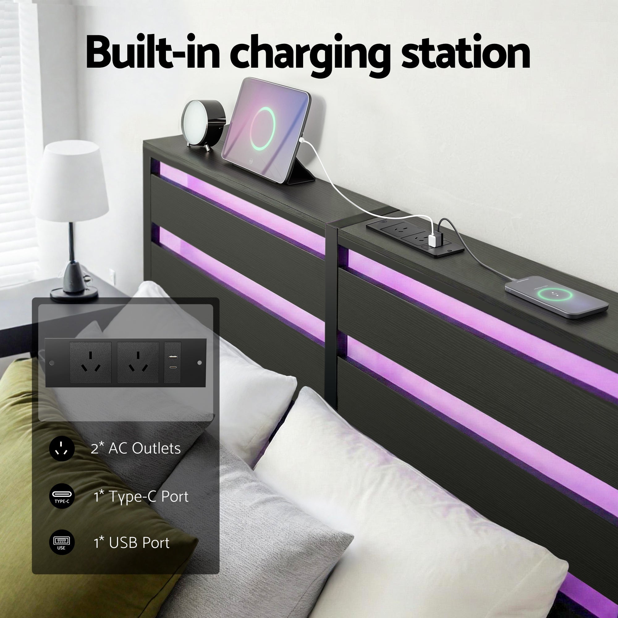 Bed Frame Double Size LED Metal Bed Base with Charging Station - Furniture > Bedroom > Beds & Bed Frames - Rivercity House & Home Co. (ABN 18 642 972 209) - Affordable Modern Furniture Australia