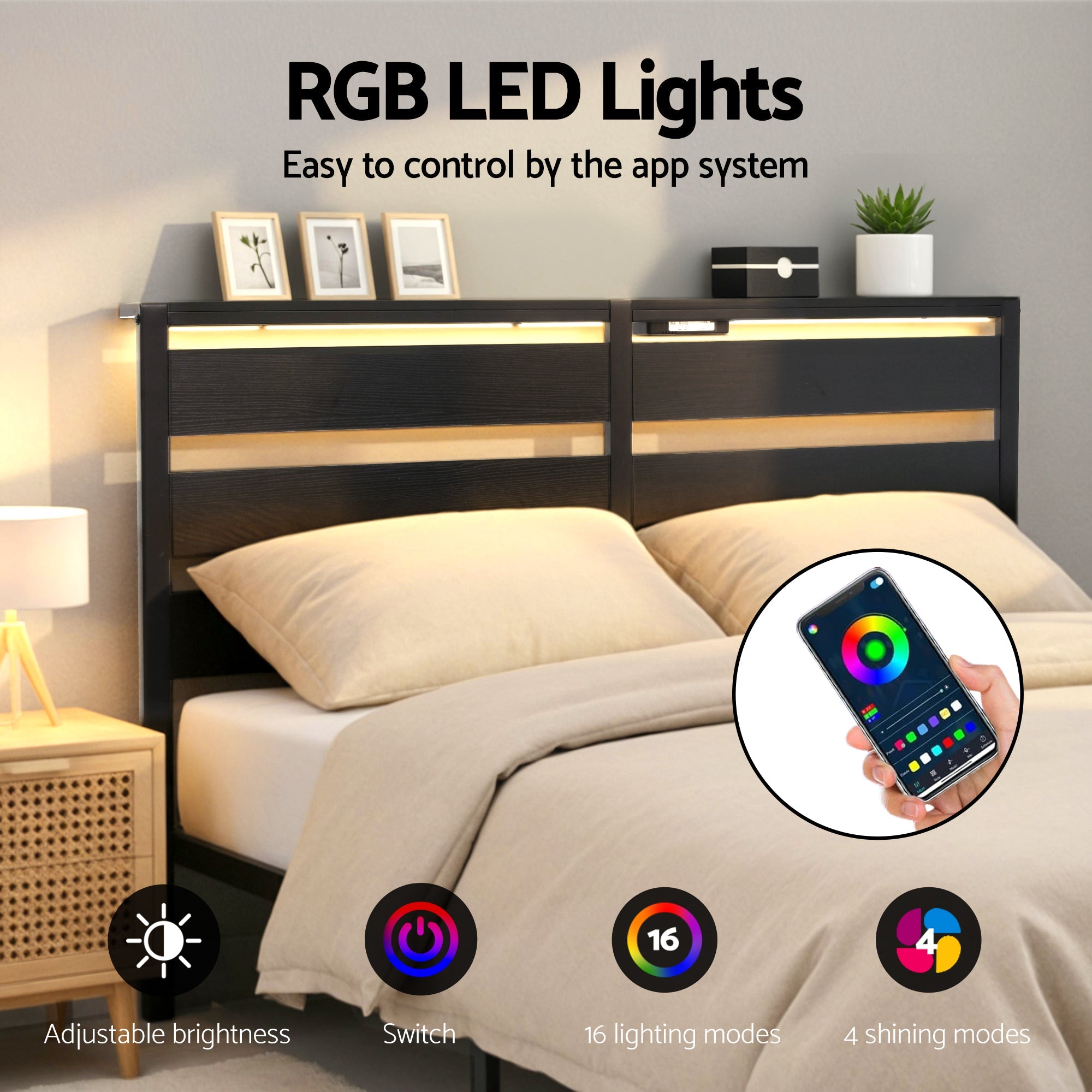 Bed Frame Double Size LED Metal Bed Base with Charging Station - Furniture > Bedroom > Beds & Bed Frames - Rivercity House & Home Co. (ABN 18 642 972 209) - Affordable Modern Furniture Australia