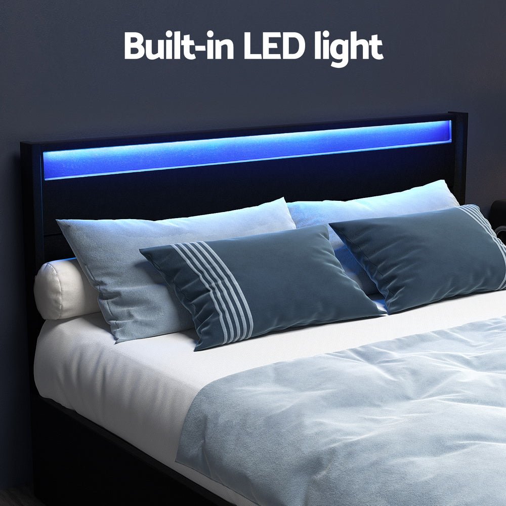 Bed Frame Double Size LED with 4 Drawers Black DUNN - Furniture > Bedroom > Beds & Bed Frames - Rivercity House & Home Co. (ABN 18 642 972 209) - Affordable Modern Furniture Australia