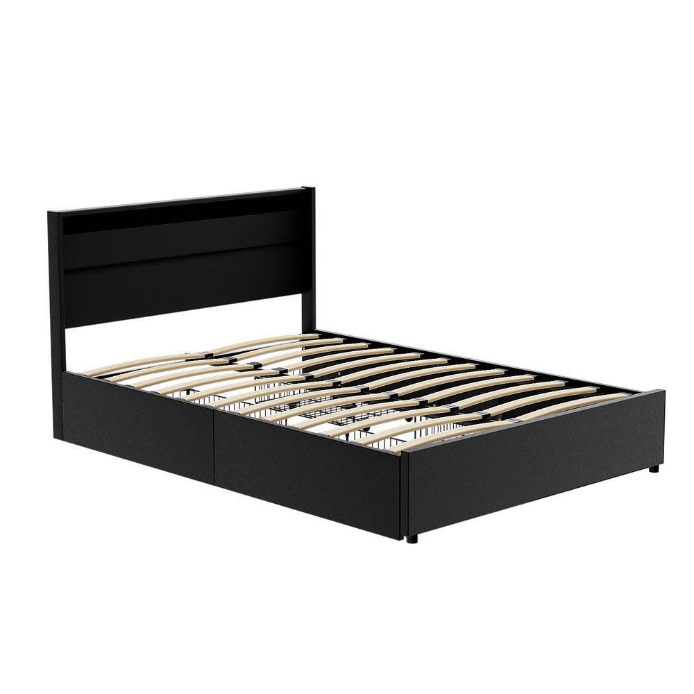 Bed Frame Double Size LED with 4 Drawers Black DUNN - Furniture > Bedroom > Beds & Bed Frames - Rivercity House & Home Co. (ABN 18 642 972 209) - Affordable Modern Furniture Australia