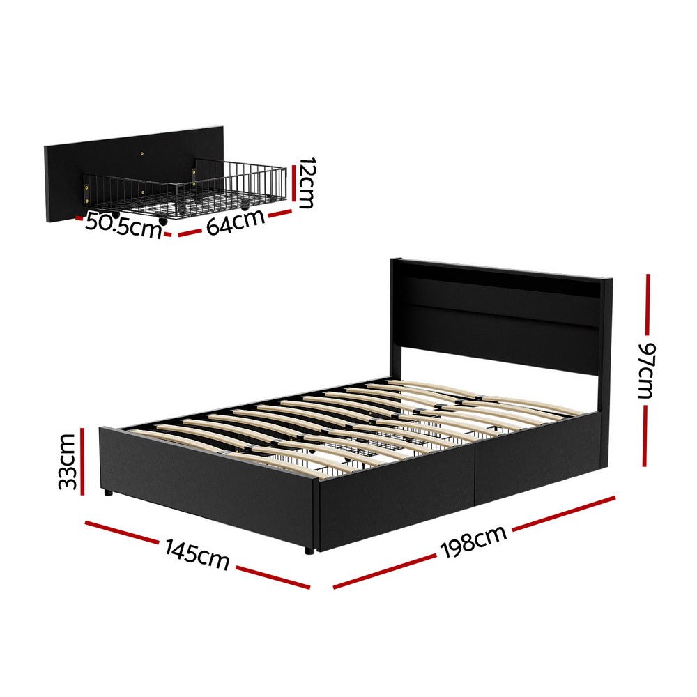 Bed Frame Double Size LED with 4 Drawers Black DUNN - Furniture > Bedroom > Beds & Bed Frames - Rivercity House & Home Co. (ABN 18 642 972 209) - Affordable Modern Furniture Australia