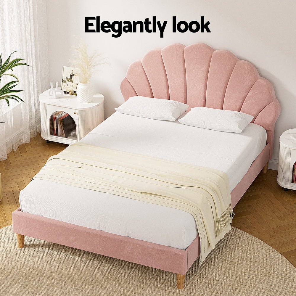 Bed Frame Double Size Scallop - Shape Bedhead Beds Base Pink Velvet Fabric - Furniture > Bedroom > Beds & Bed Frames - Rivercity House & Home Co. (ABN 18 642 972 209) - Affordable Modern Furniture Australia