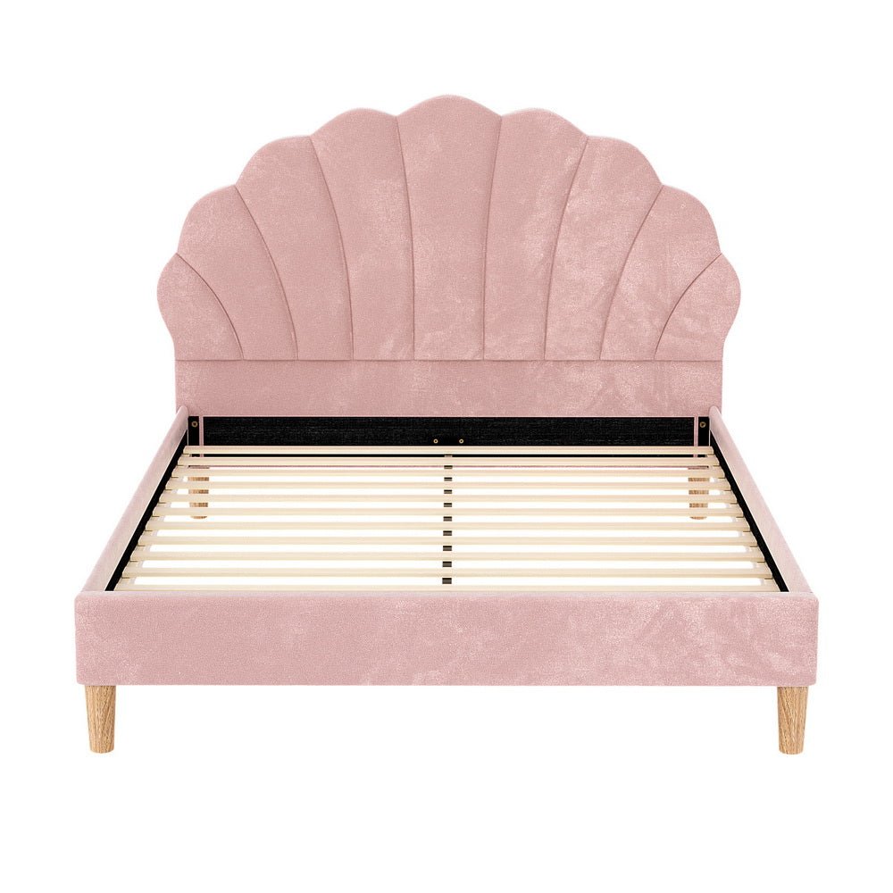 Bed Frame Double Size Scallop - Shape Bedhead Beds Base Pink Velvet Fabric - Furniture > Bedroom > Beds & Bed Frames - Rivercity House & Home Co. (ABN 18 642 972 209) - Affordable Modern Furniture Australia