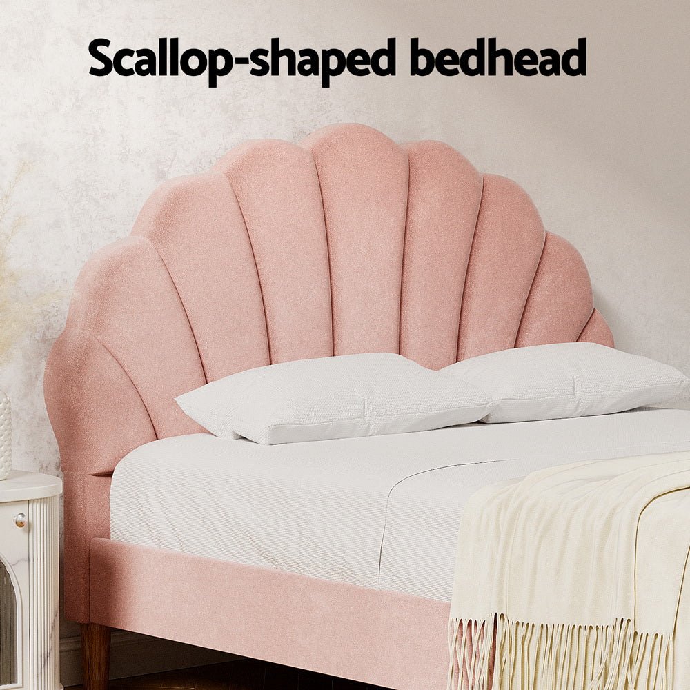 Bed Frame Double Size Scallop - Shape Bedhead Beds Base Pink Velvet Fabric - Furniture > Bedroom > Beds & Bed Frames - Rivercity House & Home Co. (ABN 18 642 972 209) - Affordable Modern Furniture Australia