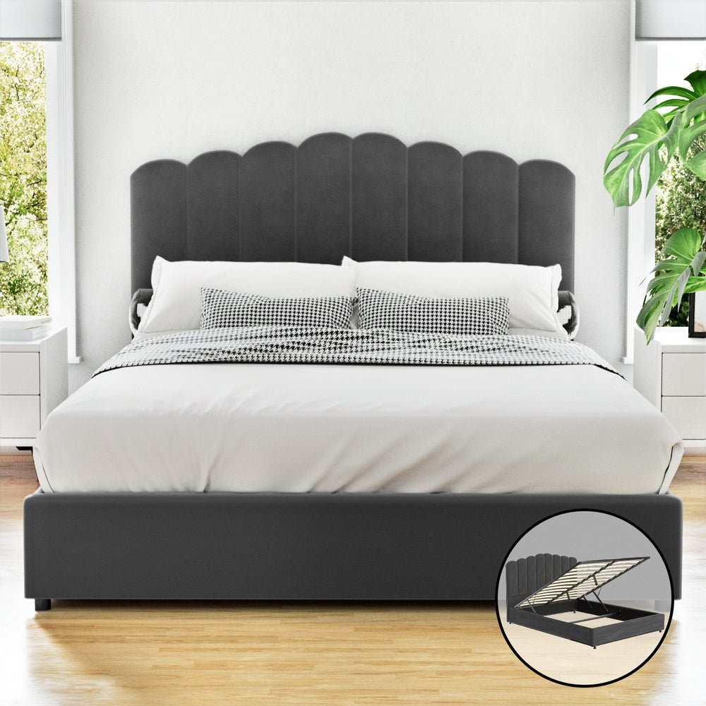 Bed Frame Double Size Velvet Grey FION - Furniture > Bedroom > Beds & Bed Frames - Rivercity House & Home Co. (ABN 18 642 972 209) - Affordable Modern Furniture Australia