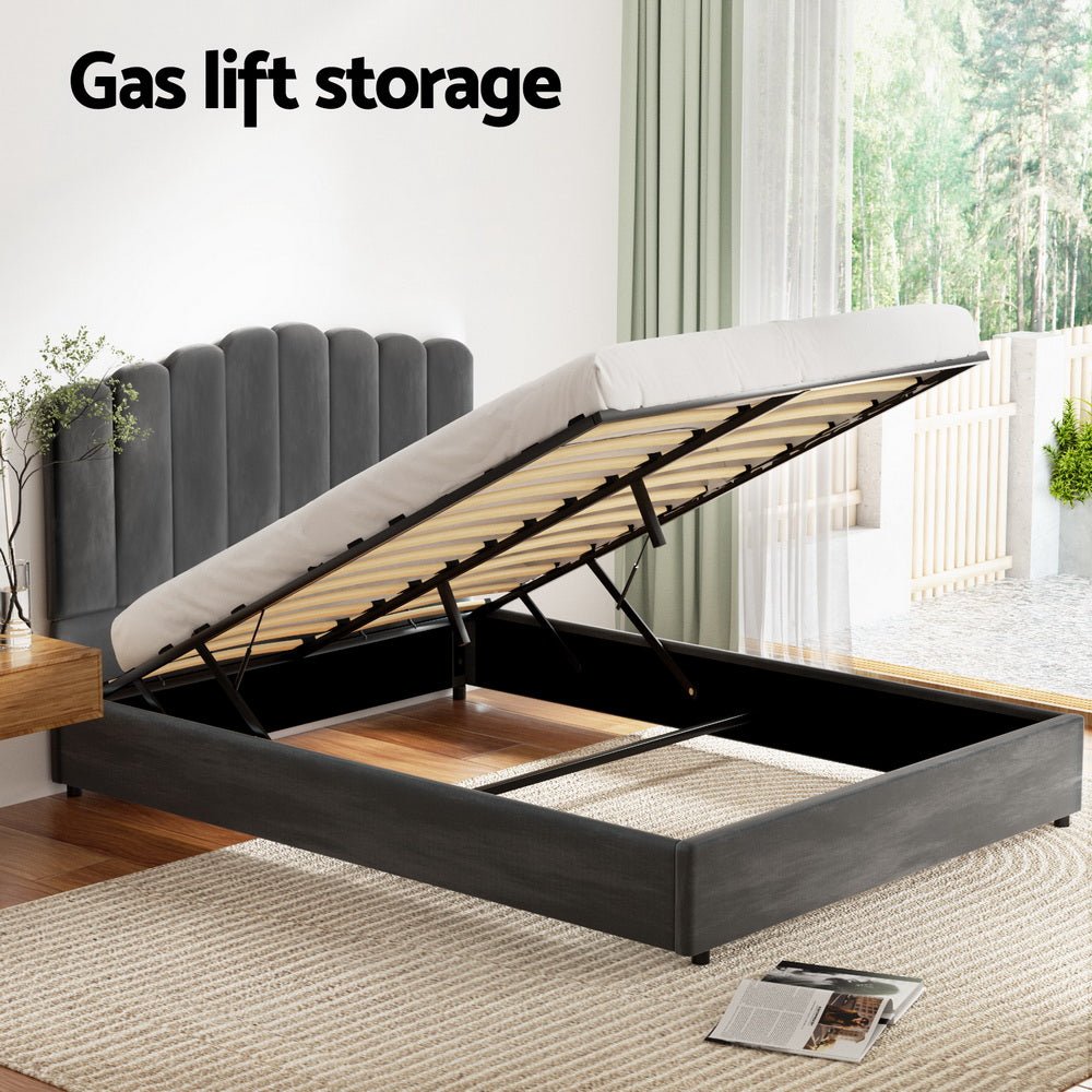 Bed Frame Double Size Velvet Grey FION - Furniture > Bedroom > Beds & Bed Frames - Rivercity House & Home Co. (ABN 18 642 972 209) - Affordable Modern Furniture Australia