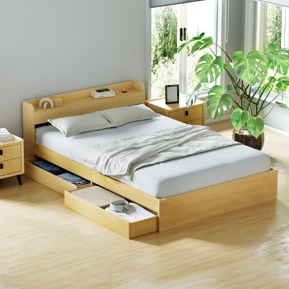Bed Frame Double Size with Charging Ports and 2 Drawers AURA - Furniture > Dining > Kitchen & Dining Chairs - Rivercity House & Home Co. (ABN 18 642 972 209) - Affordable Modern Furniture Australia