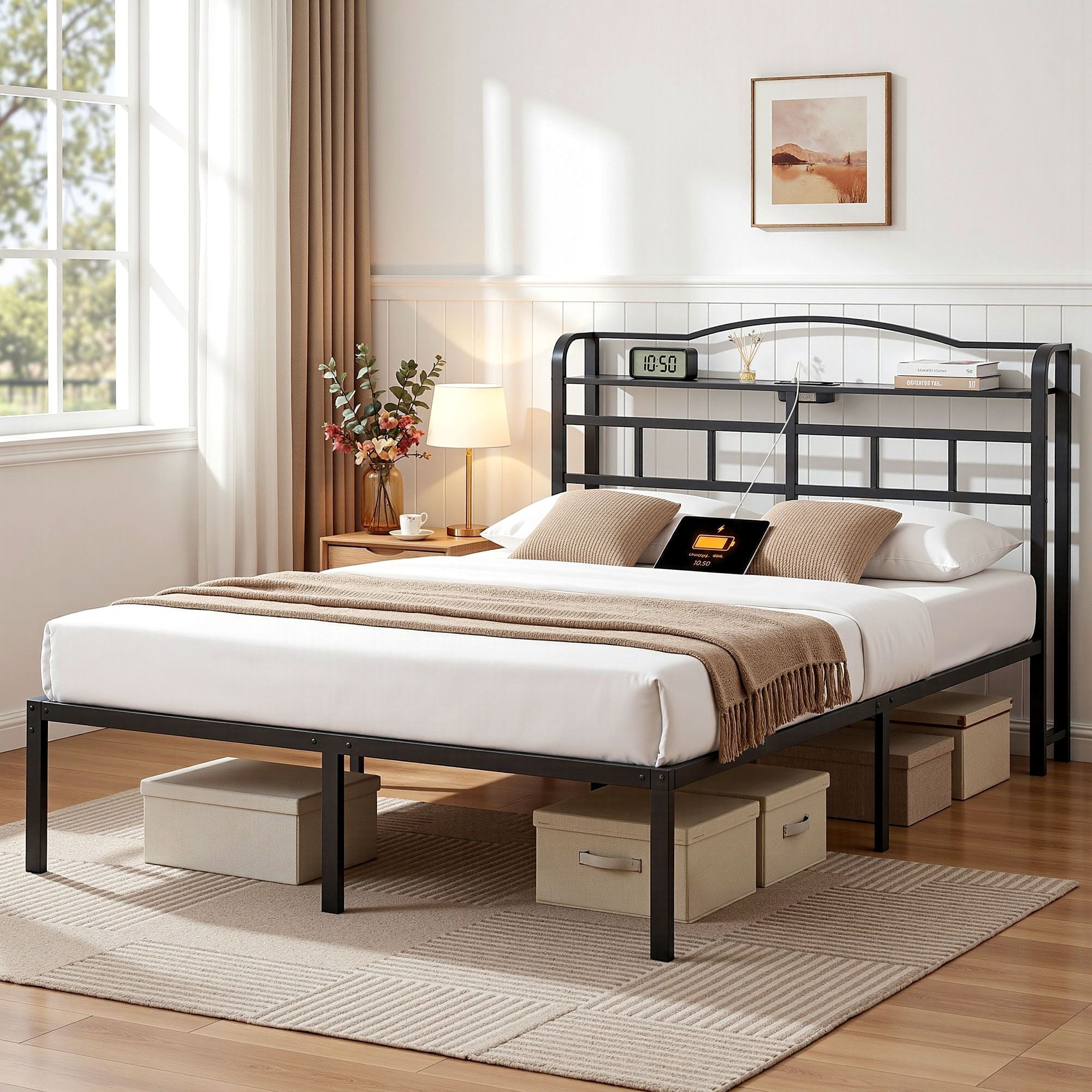 Bed Frame Double Size with Charging Station WAVE - Furniture > Bedroom > Beds & Bed Frames - Rivercity House & Home Co. (ABN 18 642 972 209) - Affordable Modern Furniture Australia