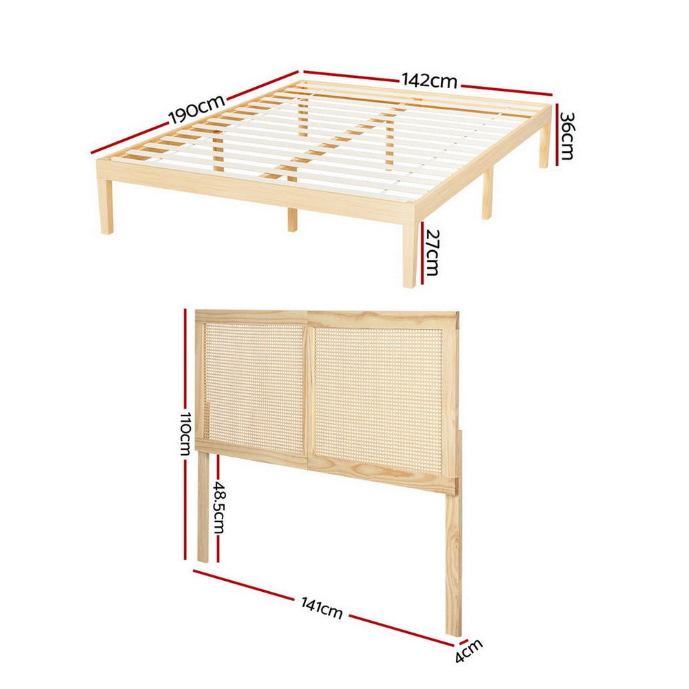 Bed Frame Double Size with Rattan Headboard Wooden Bed Base BRUNO - Furniture > Bedroom > Beds & Bed Frames - Rivercity House & Home Co. (ABN 18 642 972 209) - Affordable Modern Furniture Australia