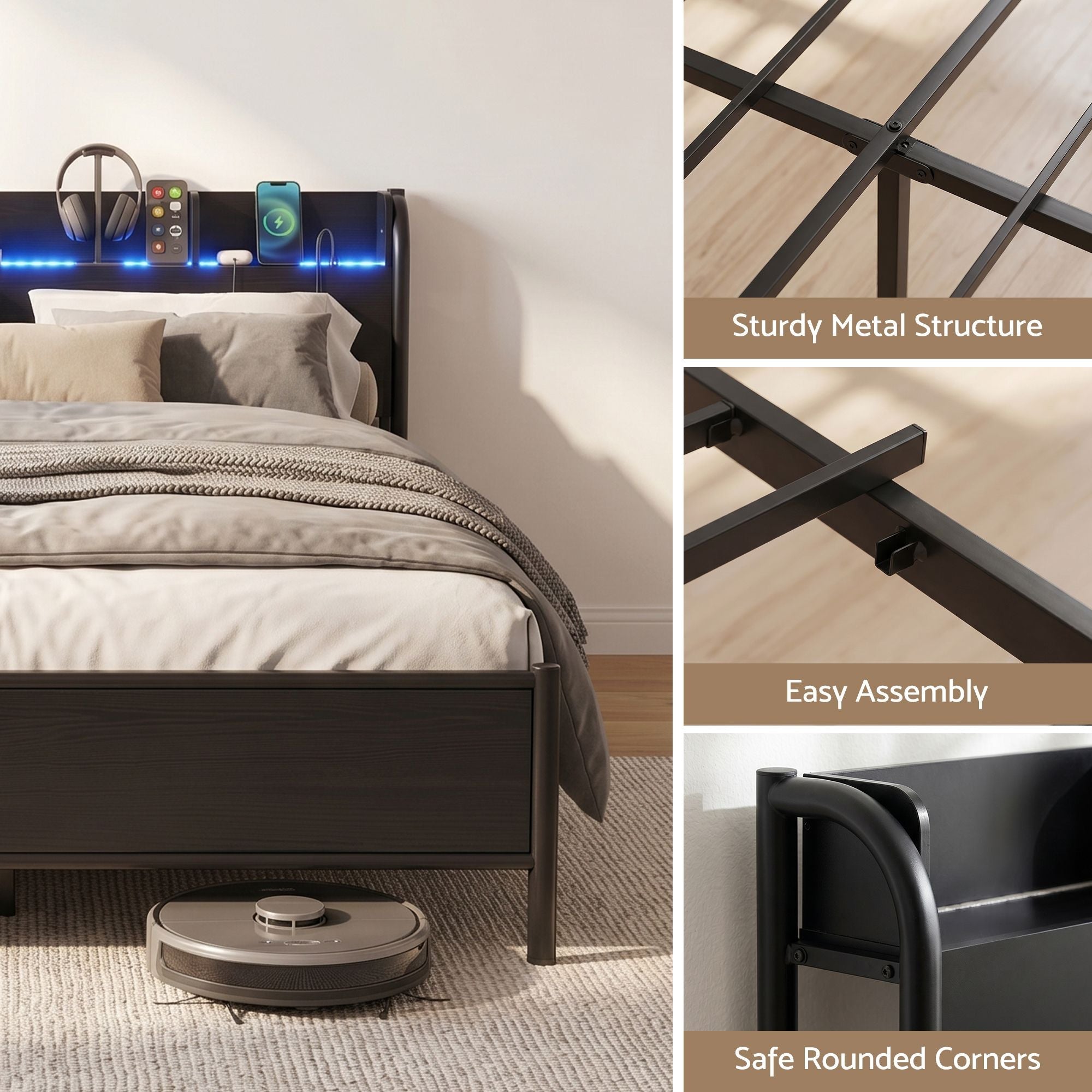 Bed Frame Double Size with Storage Shelf Headboard Charging Station GRID - Furniture > Bedroom > Beds & Bed Frames - Rivercity House & Home Co. (ABN 18 642 972 209) - Affordable Modern Furniture Australia