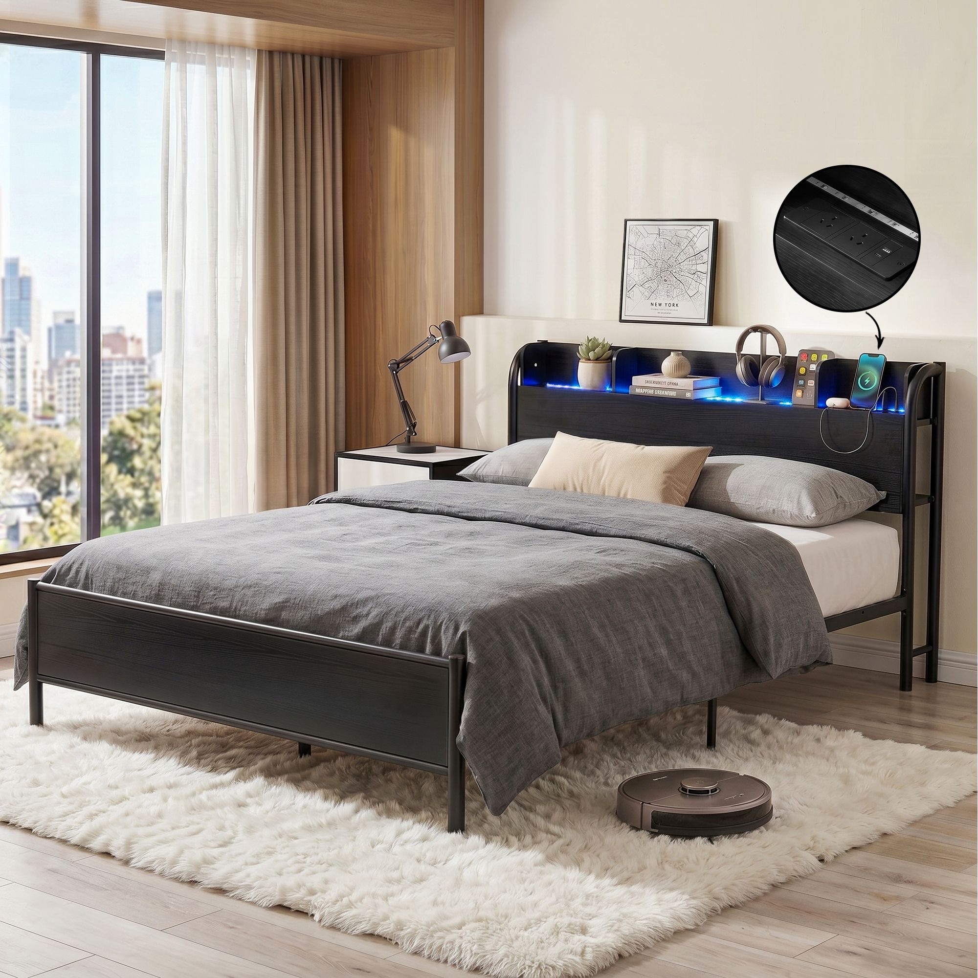 Bed Frame Double Size with Storage Shelf Headboard Charging Station GRID - Furniture > Bedroom > Beds & Bed Frames - Rivercity House & Home Co. (ABN 18 642 972 209) - Affordable Modern Furniture Australia