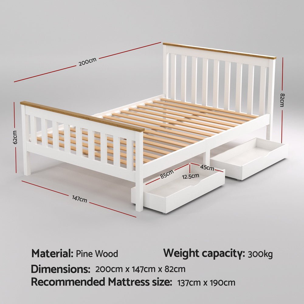 Bed Frame Double Size Wooden Platform with 2 Storage Drawers White PONY - Furniture > Bedroom > Beds & Bed Frames - Rivercity House & Home Co. (ABN 18 642 972 209) - Affordable Modern Furniture Australia