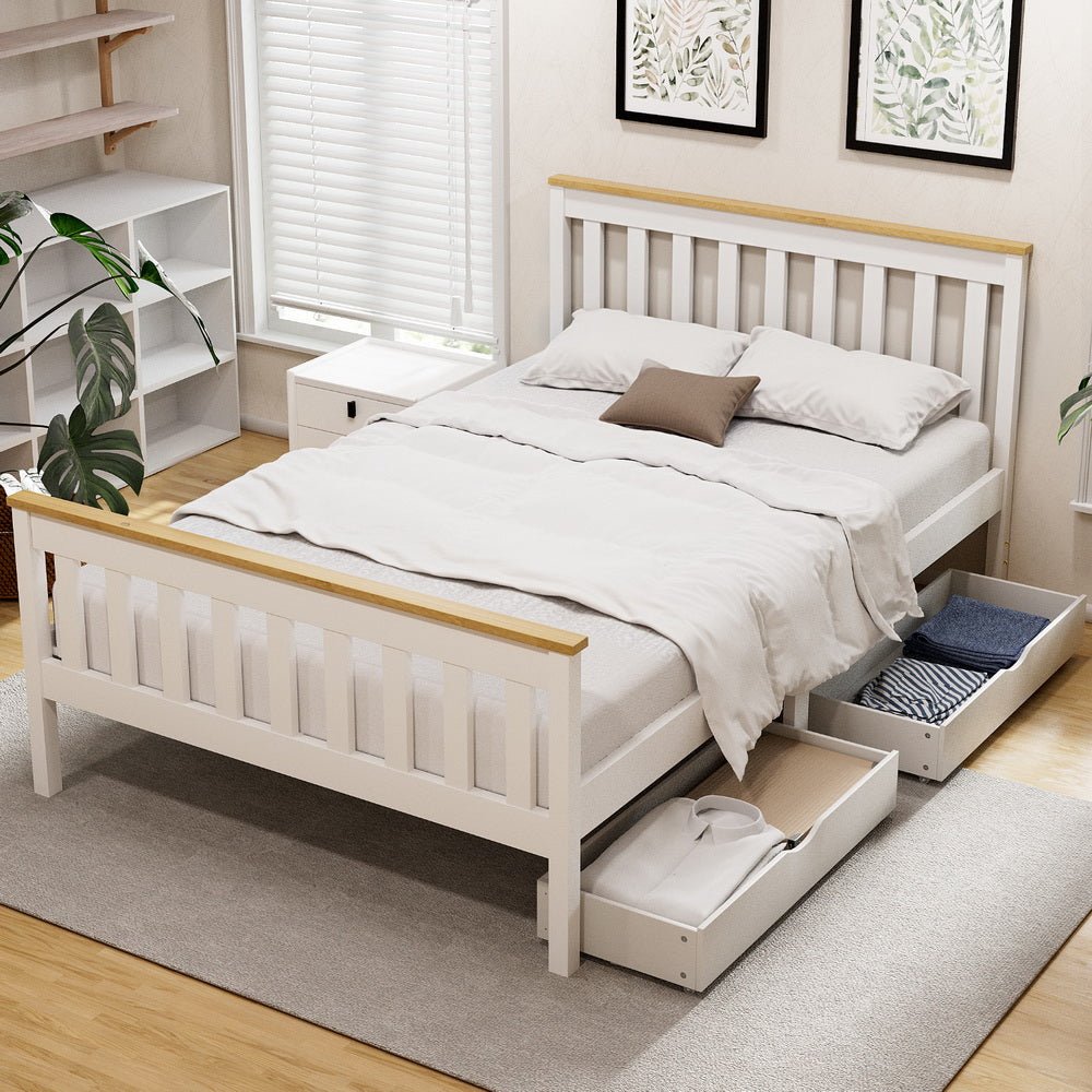 Bed Frame Double Size Wooden Platform with 2 Storage Drawers White PONY - Furniture > Bedroom > Beds & Bed Frames - Rivercity House & Home Co. (ABN 18 642 972 209) - Affordable Modern Furniture Australia