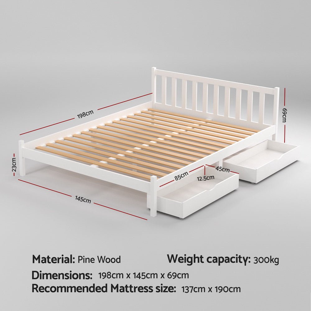 Bed Frame Double Size Wooden Platform with 2 Storage Drawers White SOFIE - Furniture > Bedroom > Beds & Bed Frames - Rivercity House & Home Co. (ABN 18 642 972 209) - Affordable Modern Furniture Australia