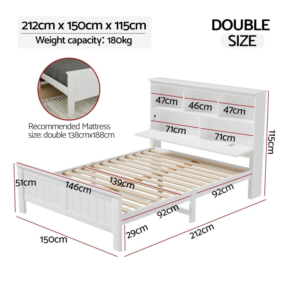 Bed Frame Double Size Wooden with 3 Shelves Bed Head White - Furniture > Bedroom > Beds & Bed Frames - Rivercity House & Home Co. (ABN 18 642 972 209) - Affordable Modern Furniture Australia
