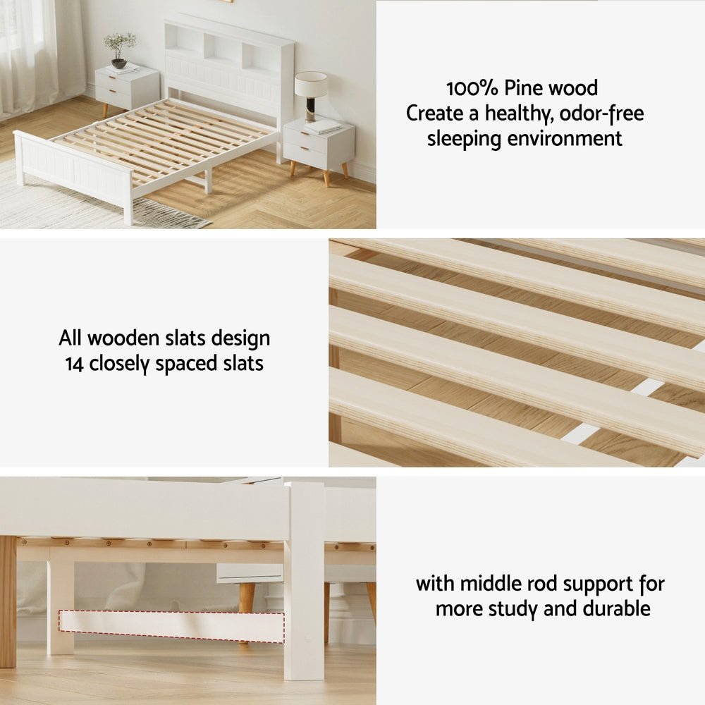 Bed Frame Double Size Wooden with 3 Shelves Bed Head White - Furniture > Bedroom > Beds & Bed Frames - Rivercity House & Home Co. (ABN 18 642 972 209) - Affordable Modern Furniture Australia