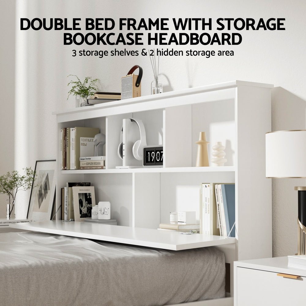 Bed Frame Double Size Wooden with 3 Shelves Bed Head White - Furniture > Bedroom > Beds & Bed Frames - Rivercity House & Home Co. (ABN 18 642 972 209) - Affordable Modern Furniture Australia