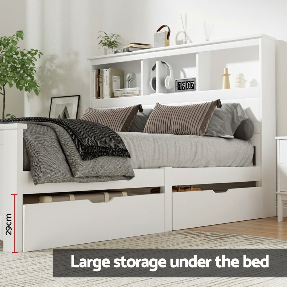 Bed Frame Double Size Wooden with 3 Shelves Bed Head White - Furniture > Bedroom > Beds & Bed Frames - Rivercity House & Home Co. (ABN 18 642 972 209) - Affordable Modern Furniture Australia