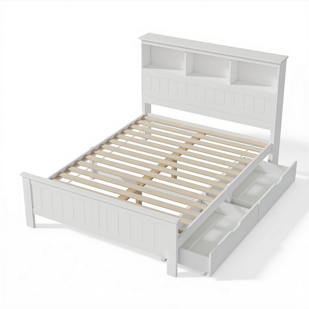 Bed Frame Double Size Wooden with 3 Shelves Bed Head White - Furniture > Bedroom > Beds & Bed Frames - Rivercity House & Home Co. (ABN 18 642 972 209) - Affordable Modern Furniture Australia