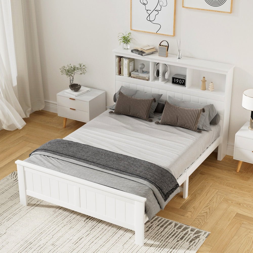 Bed Frame Double Size Wooden with 3 Shelves Bed Head White - Furniture > Bedroom > Beds & Bed Frames - Rivercity House & Home Co. (ABN 18 642 972 209) - Affordable Modern Furniture Australia