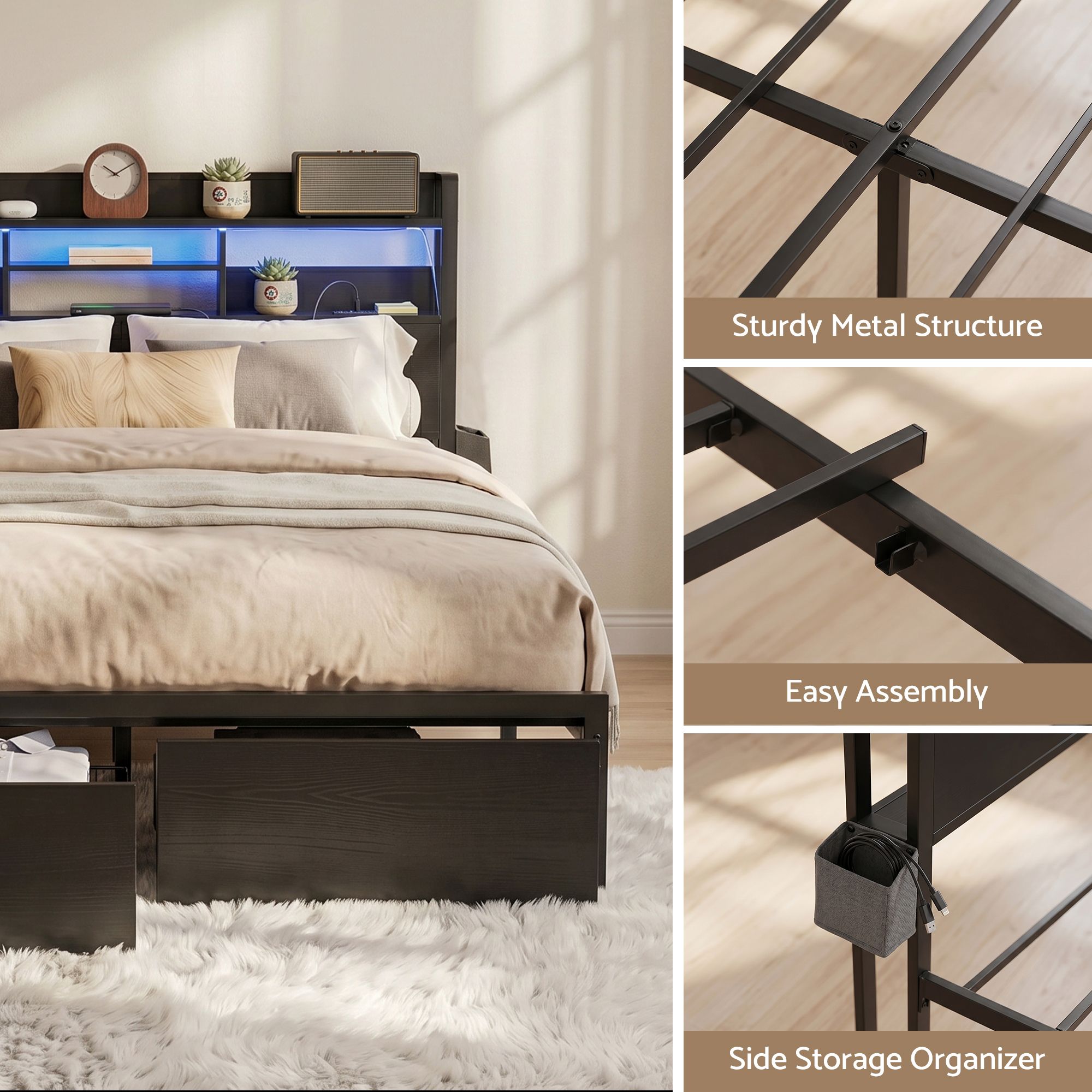 Bed Frame Double with Charging Station Storage Organizer Drawers LED ZAC - Furniture > Bedroom > Beds & Bed Frames - Rivercity House & Home Co. (ABN 18 642 972 209) - Affordable Modern Furniture Australia
