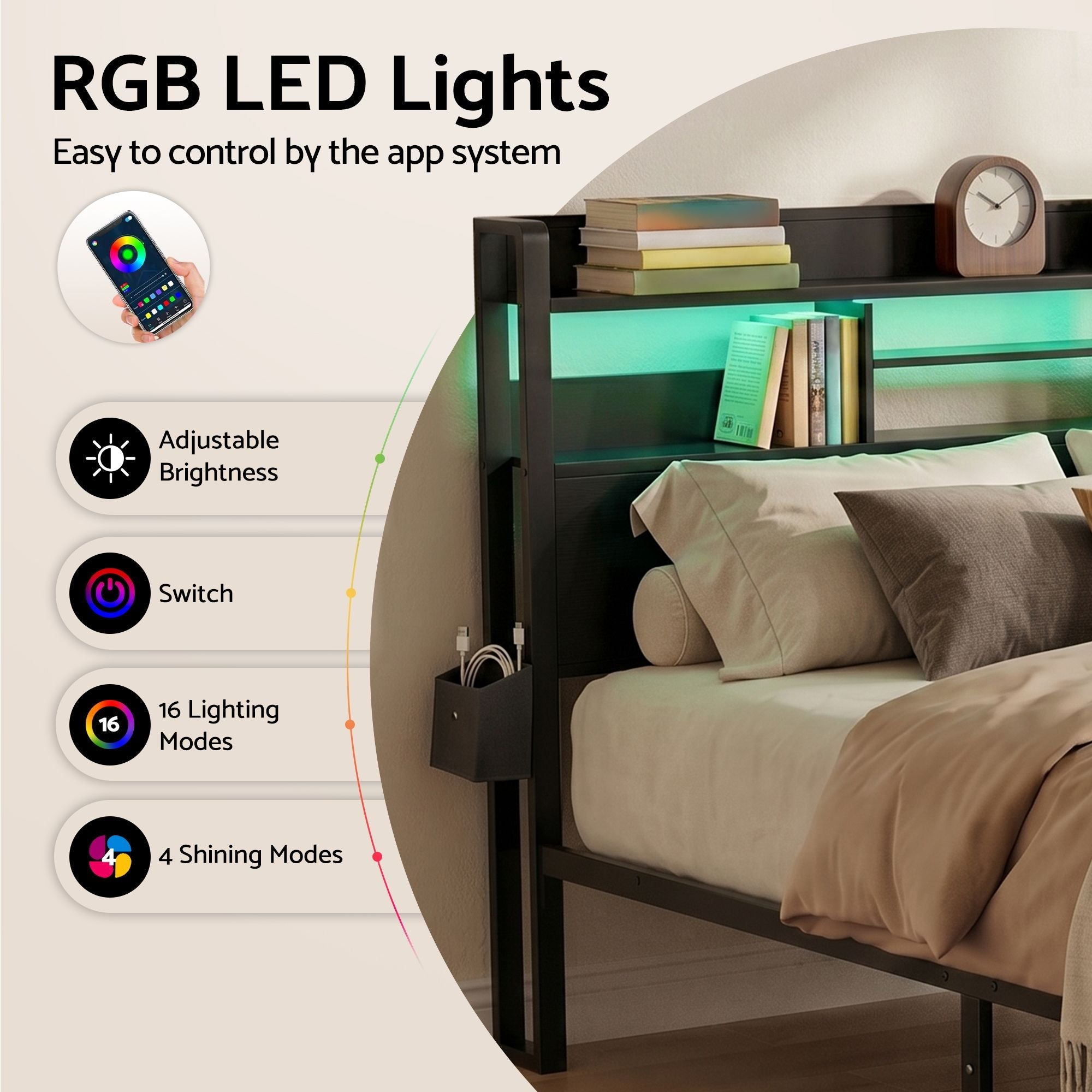 Bed Frame Double with Charging Station Storage Organizer Drawers LED ZAC - Furniture > Bedroom > Beds & Bed Frames - Rivercity House & Home Co. (ABN 18 642 972 209) - Affordable Modern Furniture Australia