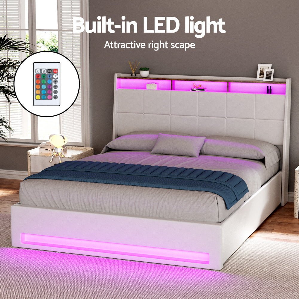 Bed Frame Gas Lift LED Beds Base Platform White PVC Leather Storage Headboard - Double - Furniture > Bedroom > Beds & Bed Frames - Rivercity House & Home Co. (ABN 18 642 972 209) - Affordable Modern Furniture Australia