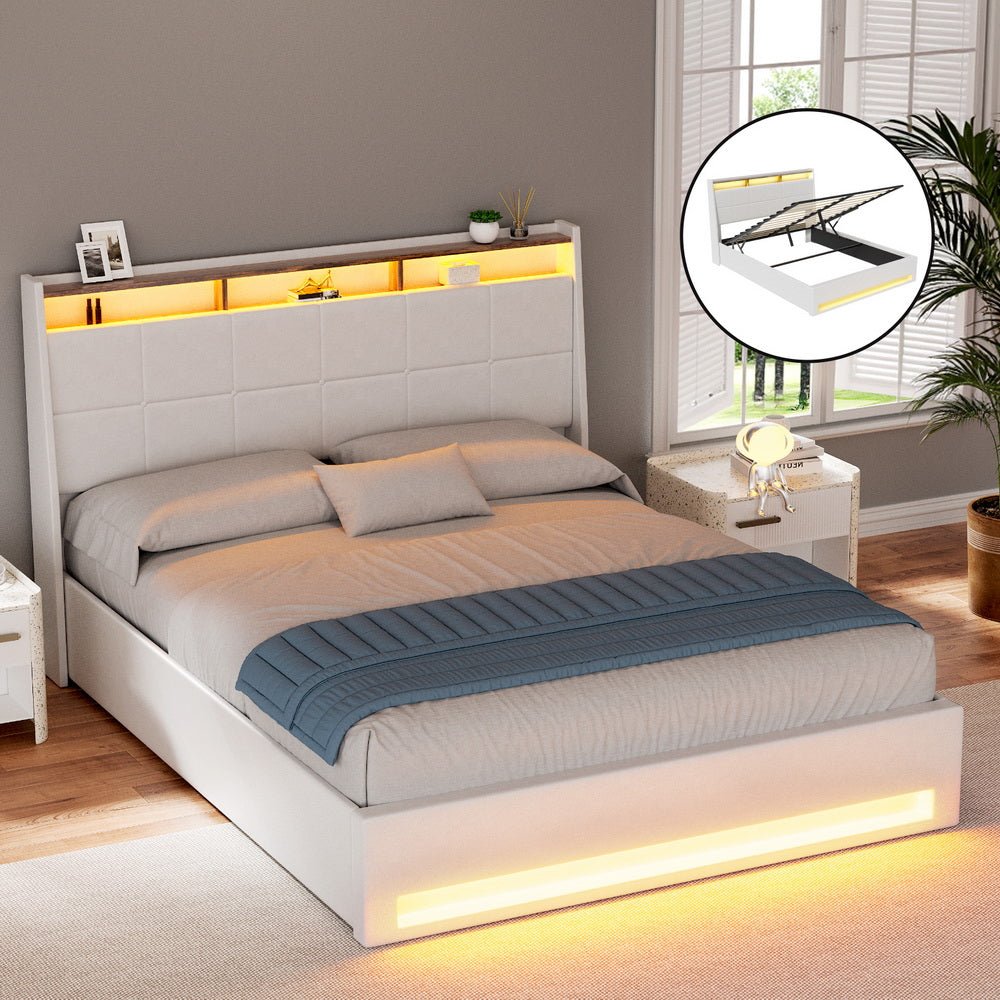 Bed Frame Gas Lift LED Beds Base Platform White PVC Leather Storage Headboard - Double - Furniture > Bedroom > Beds & Bed Frames - Rivercity House & Home Co. (ABN 18 642 972 209) - Affordable Modern Furniture Australia